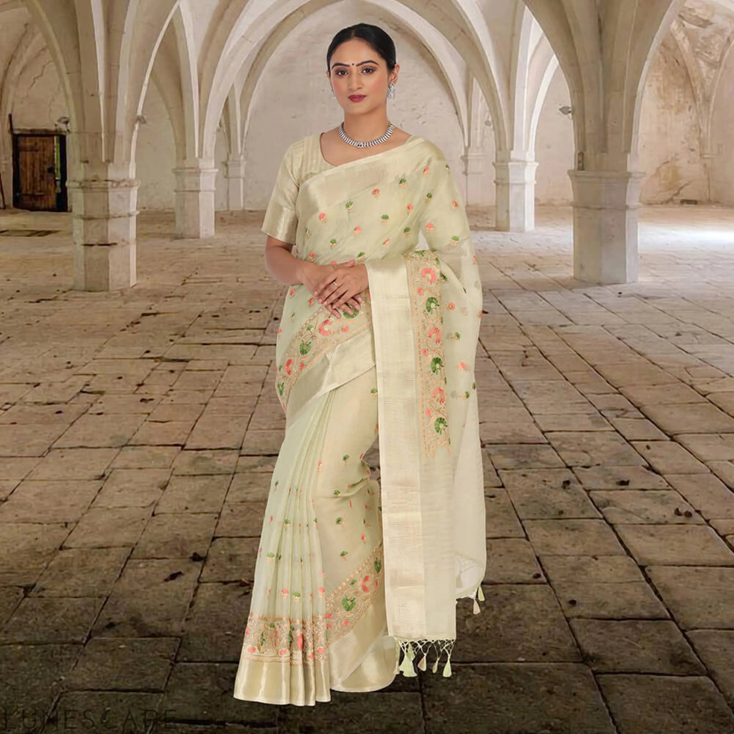 Tissue Banarasi Saree With Embroidery - Cream LUNESCAPE