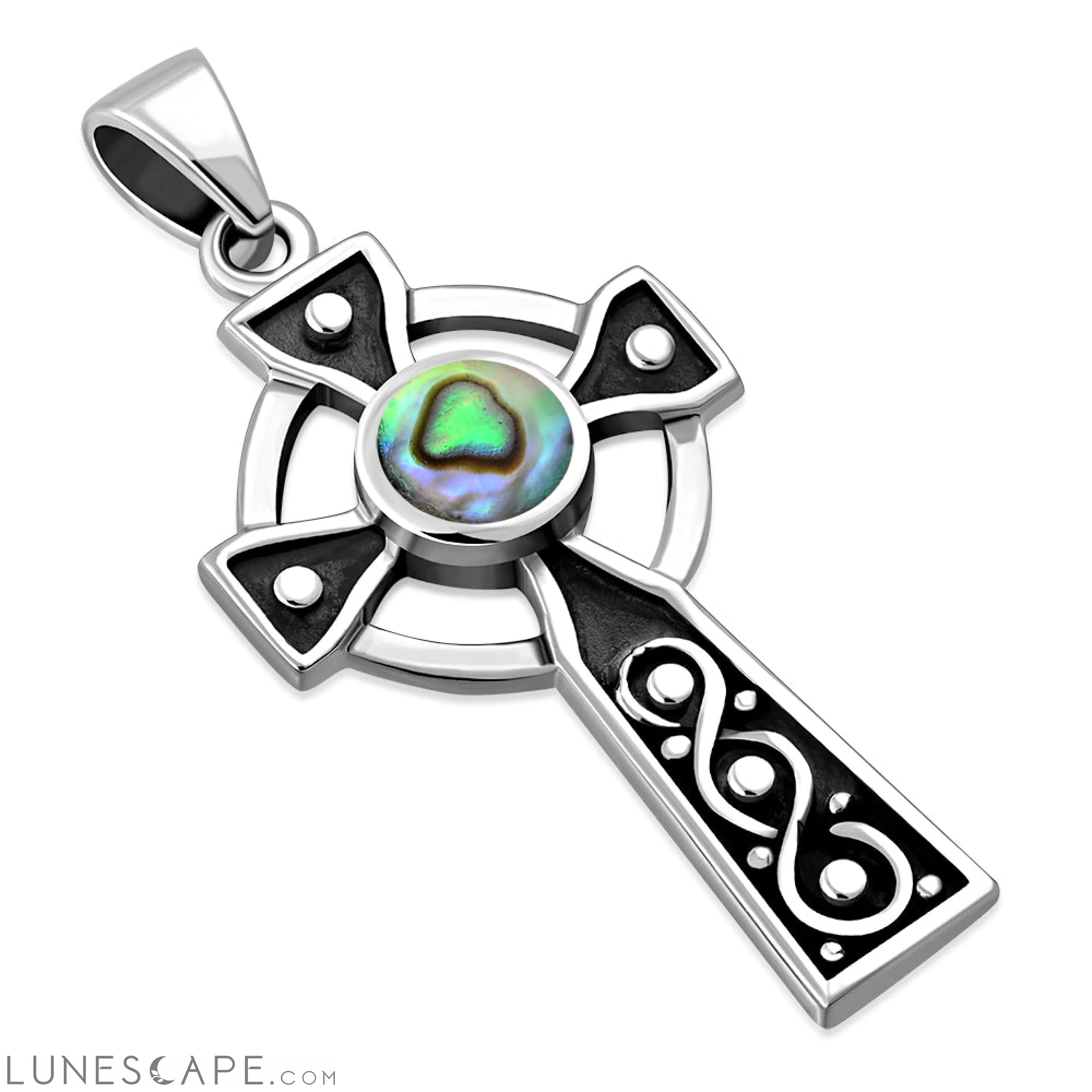 Abalone Shell Celtic Infinity Knot Cross Silver Pendant LUNESCAPE