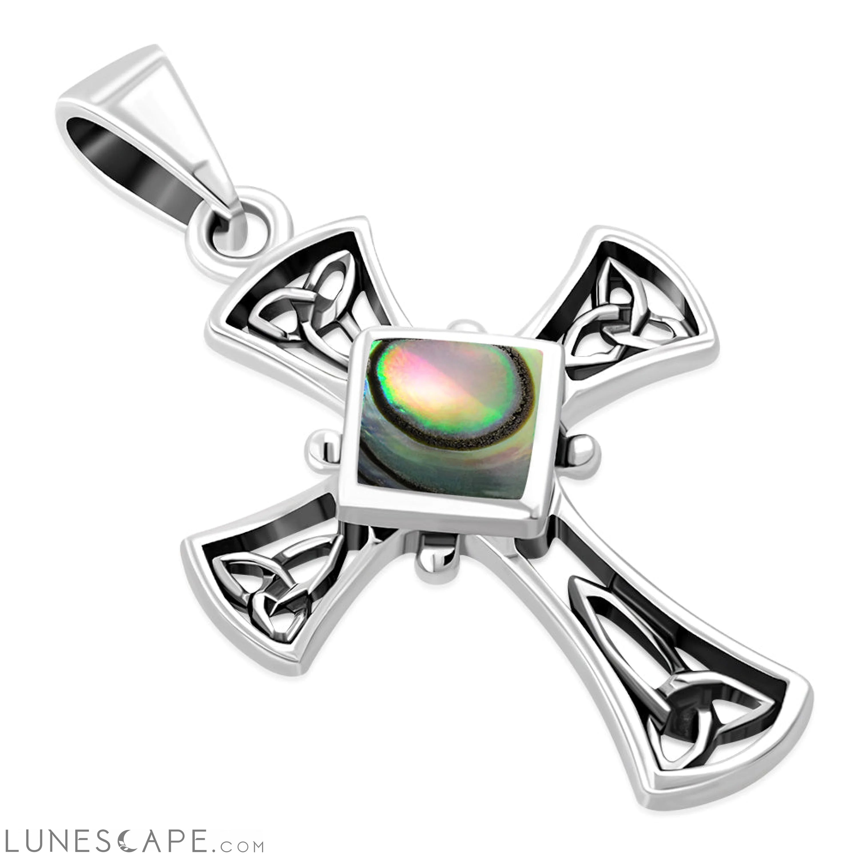 Abalone Shell Celtic Irish Trinity Knot Cross Silver Pendant LUNESCAPE