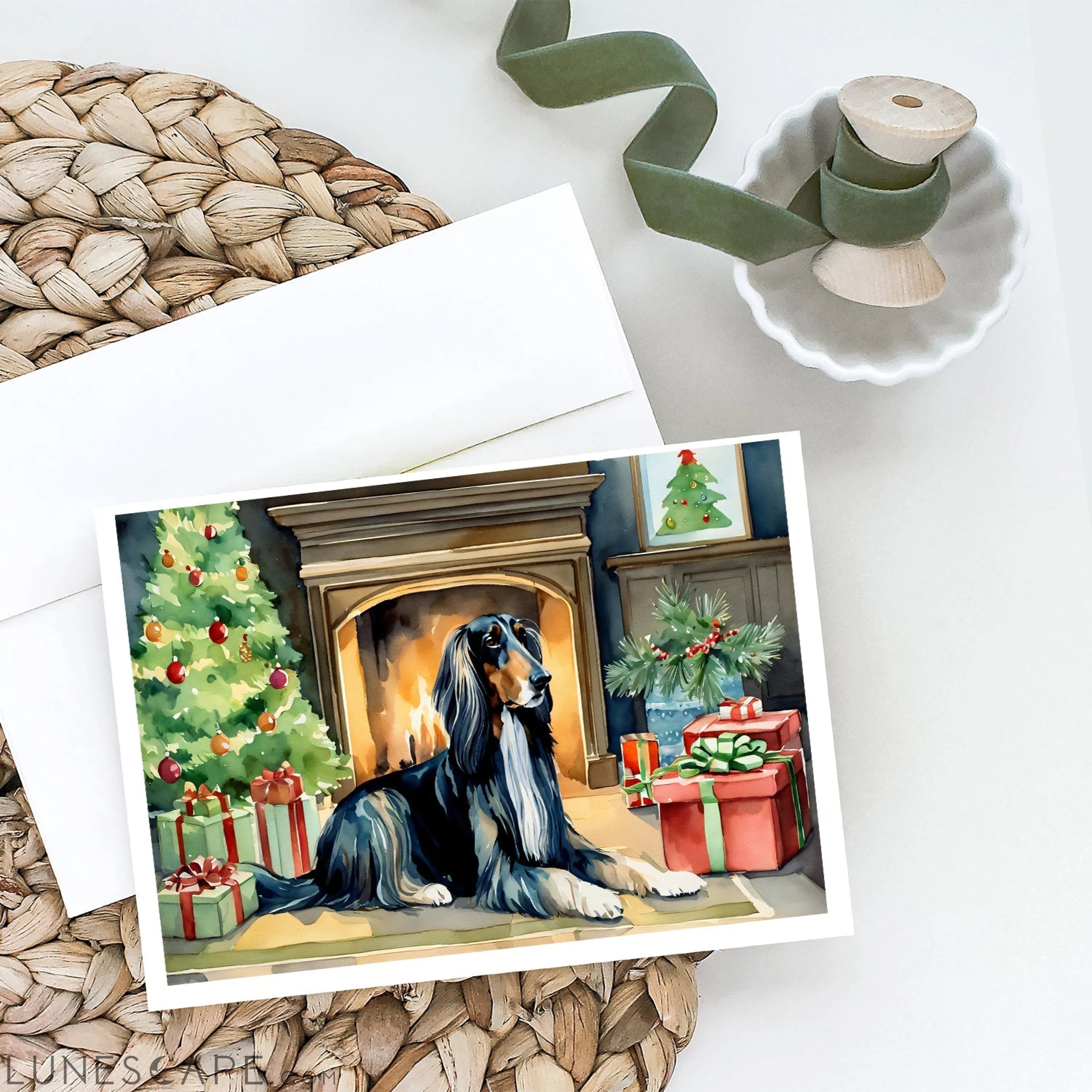 Afghan Hound Cozy Christmas Greeting Cards Pack of 8 LUNESCAPE