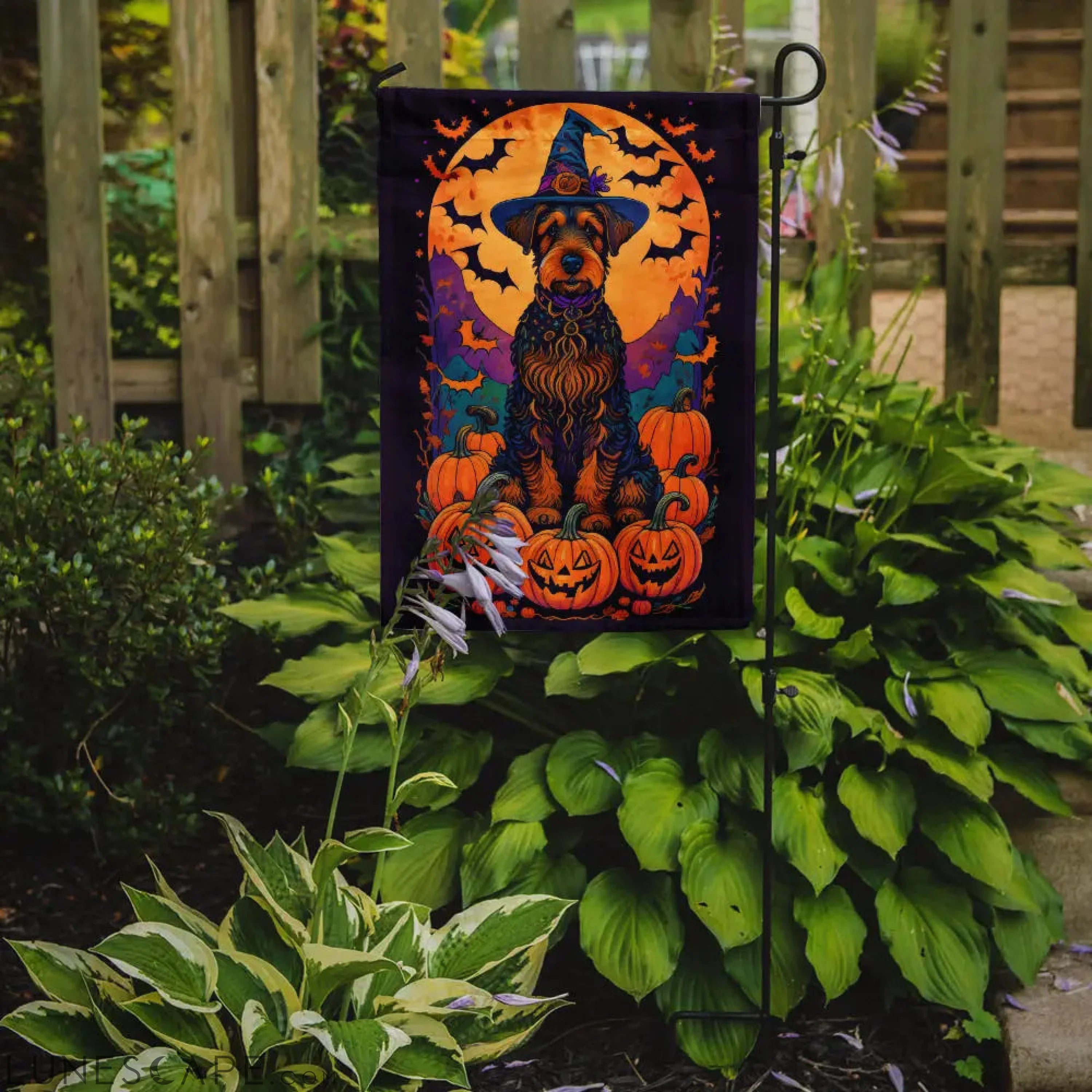 Airedale Terrier Witchy Halloween Garden Flag LUNESCAPE