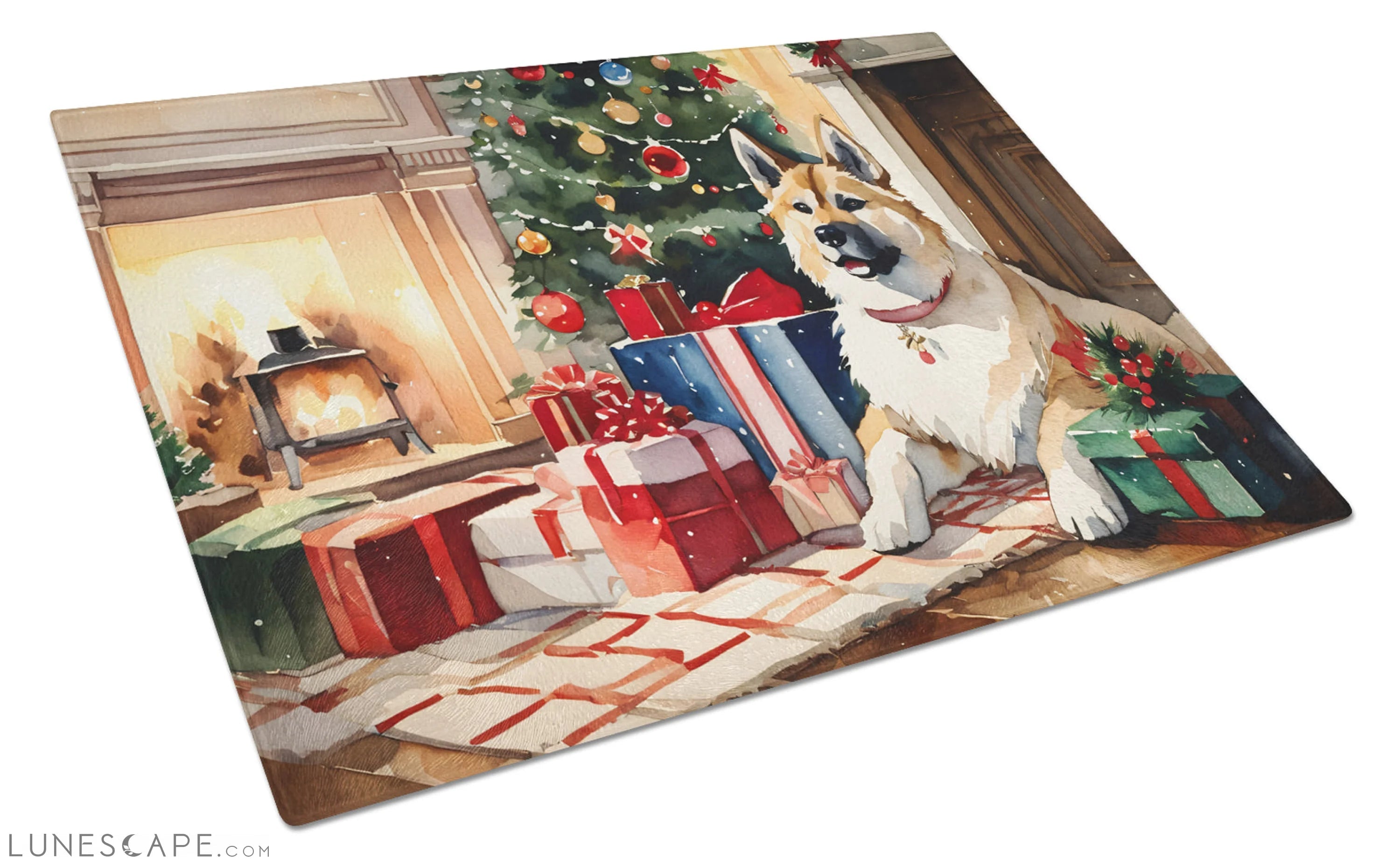 Akita Cozy Christmas Glass Cutting Board LUNESCAPE