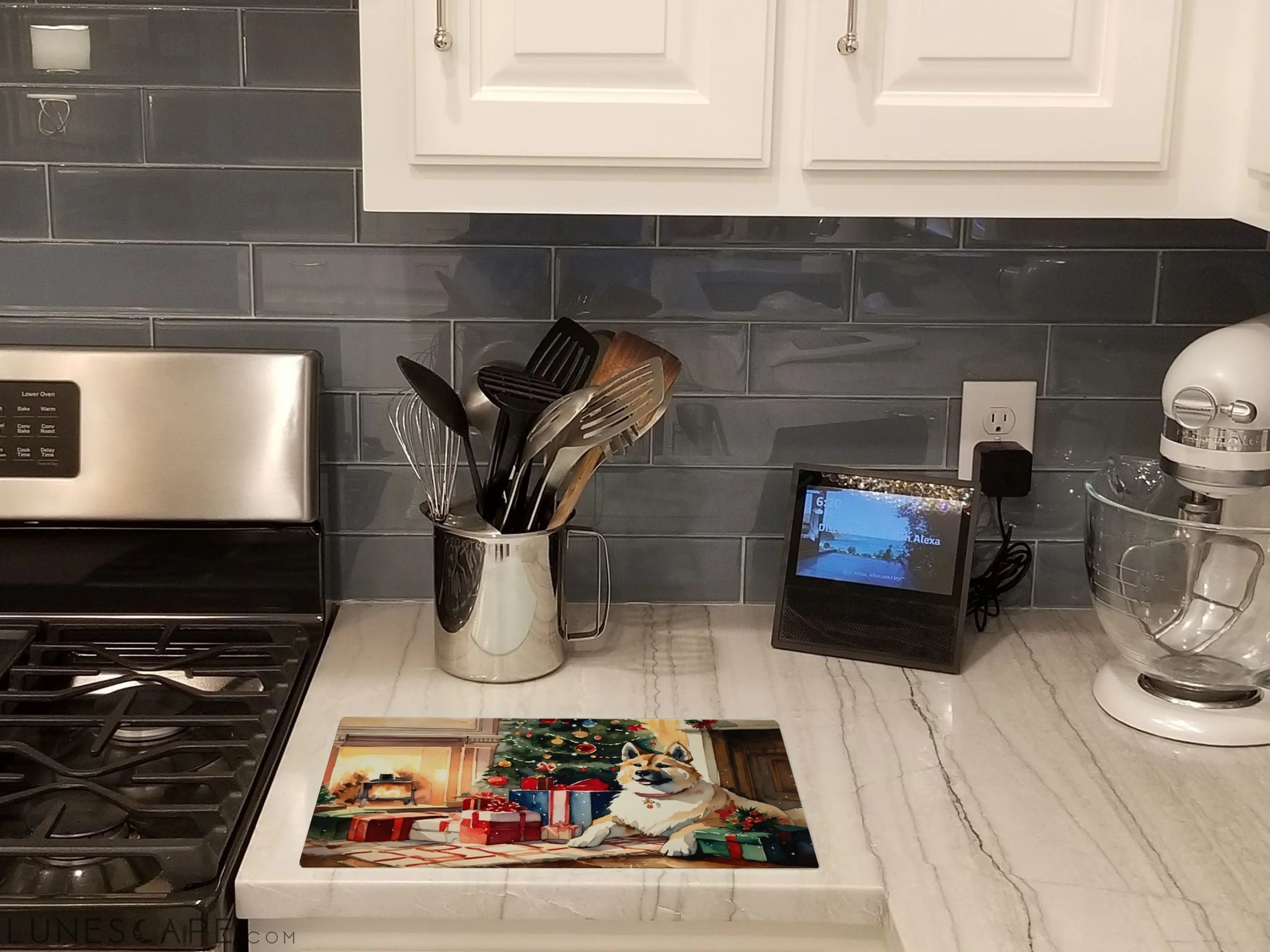 Akita Cozy Christmas Glass Cutting Board LUNESCAPE