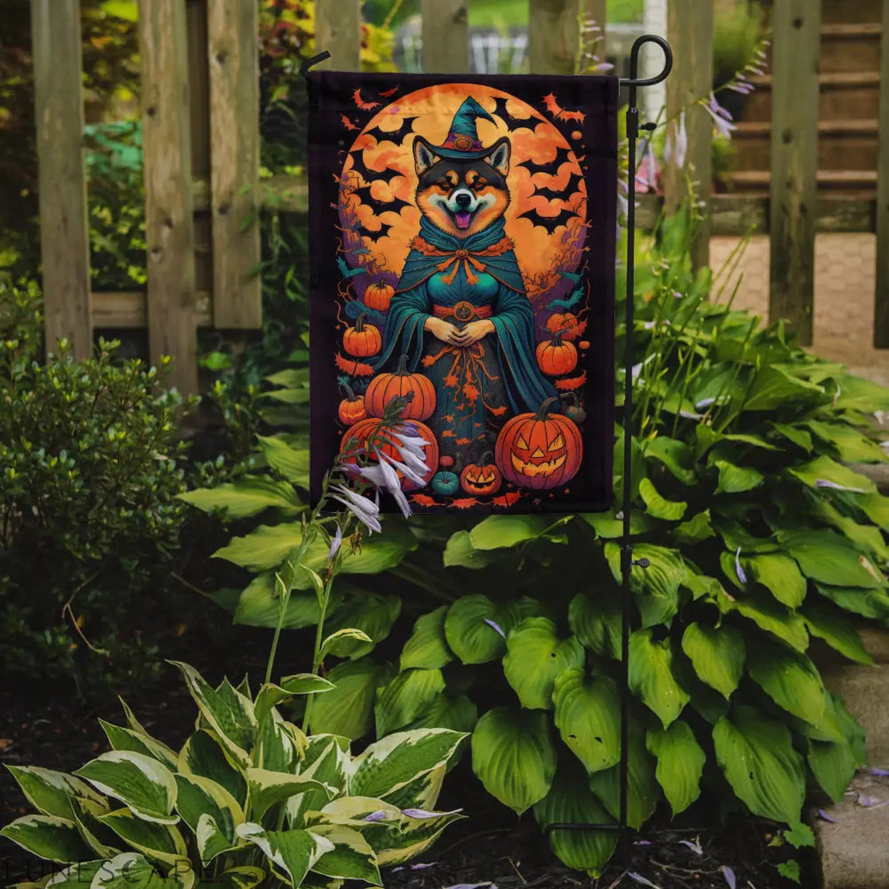 Akita Witchy Halloween Garden Flag LUNESCAPE