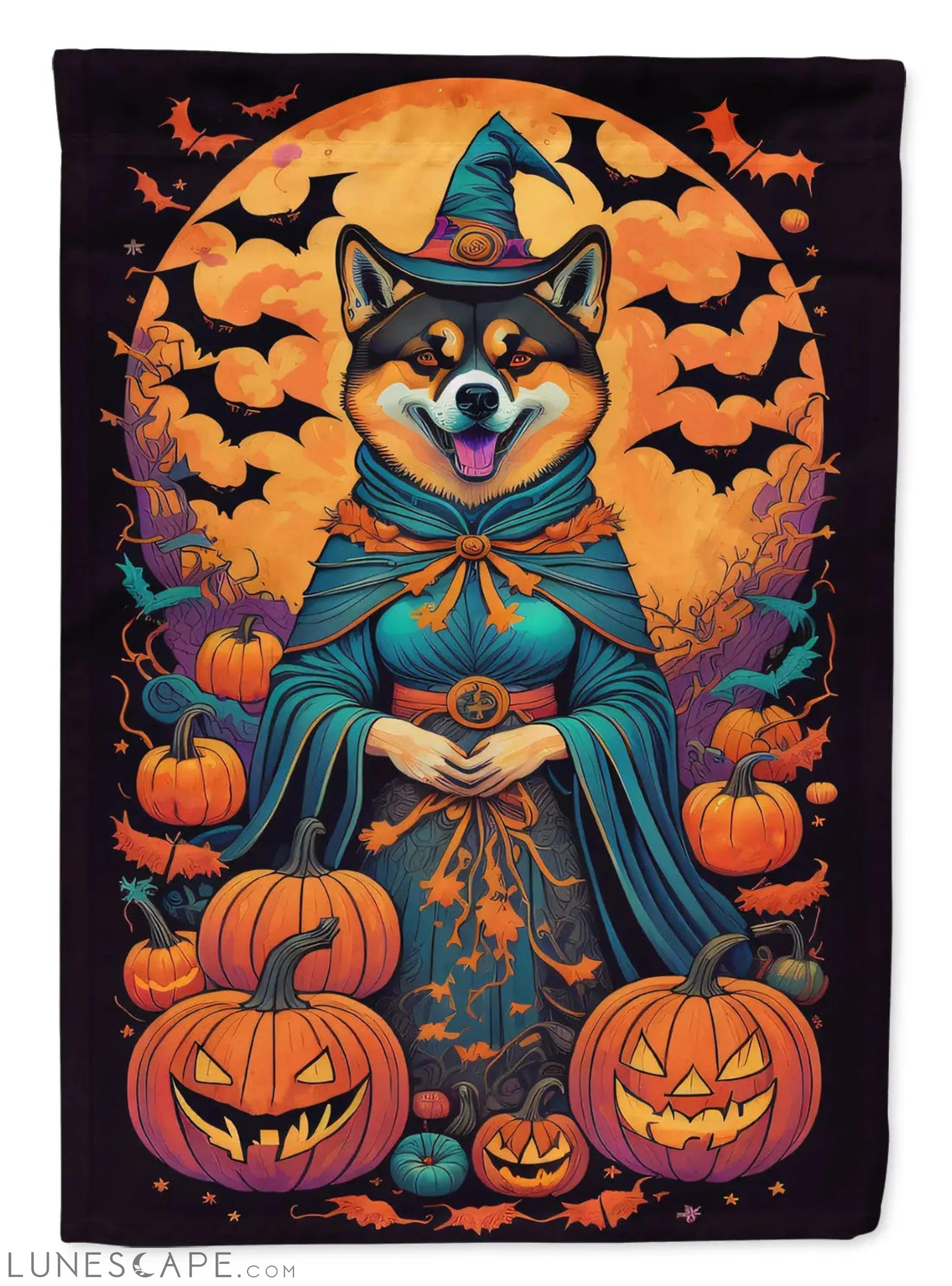 Akita Witchy Halloween Garden Flag LUNESCAPE