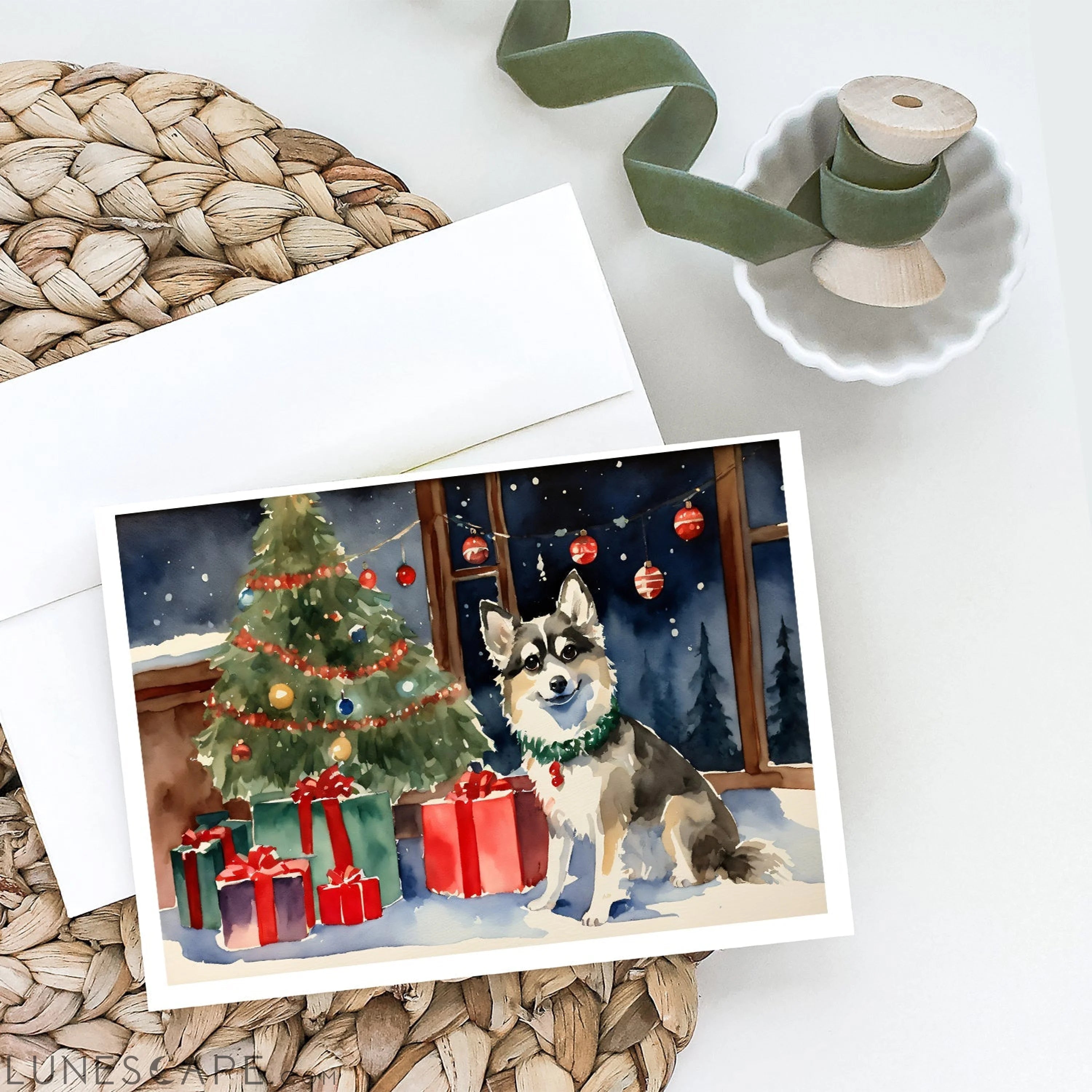 Alaskan Klee Kai Cozy Christmas Greeting Cards Pack of 8 LUNESCAPE