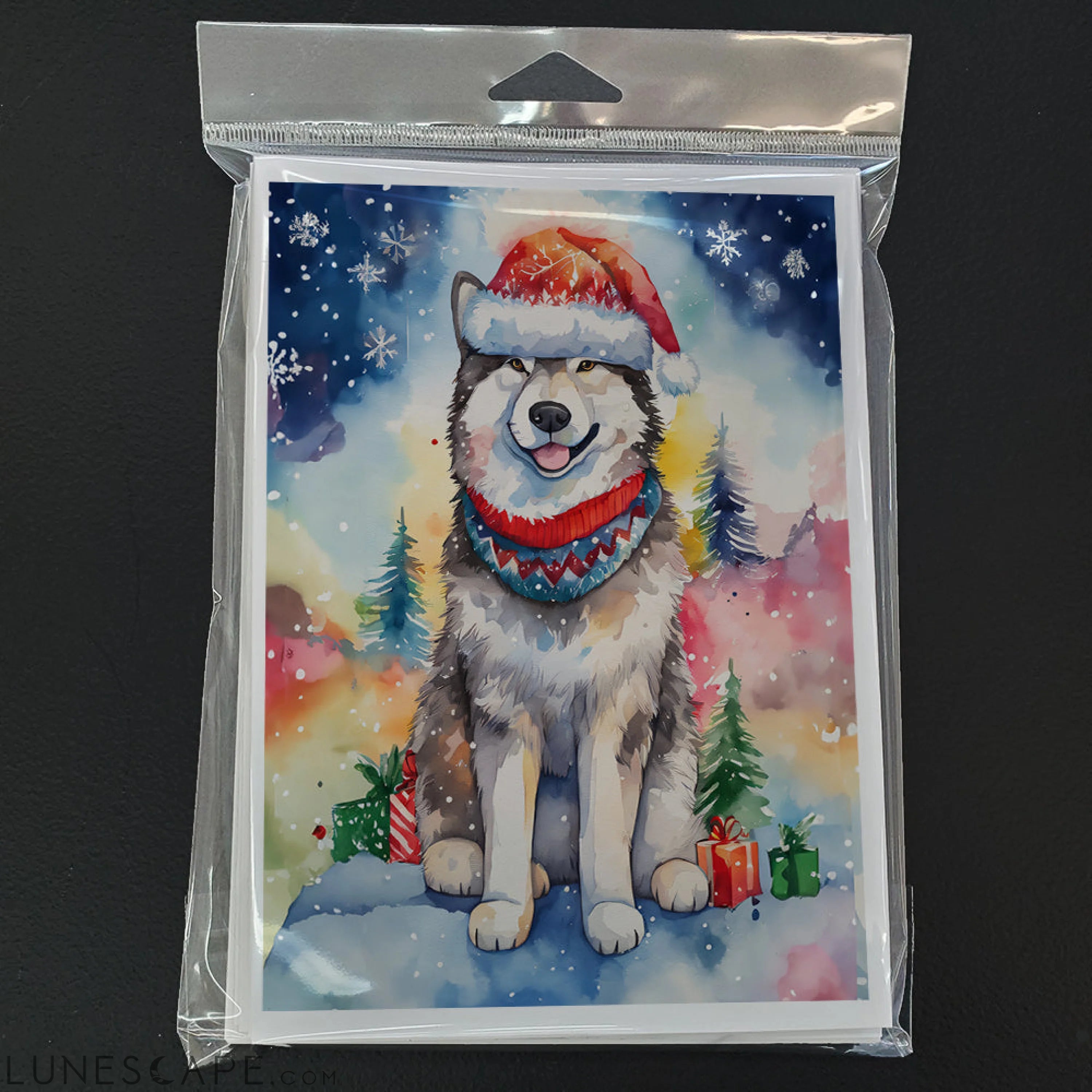 Alaskan Malamute Christmas Greeting Cards Pack of 8 LUNESCAPE