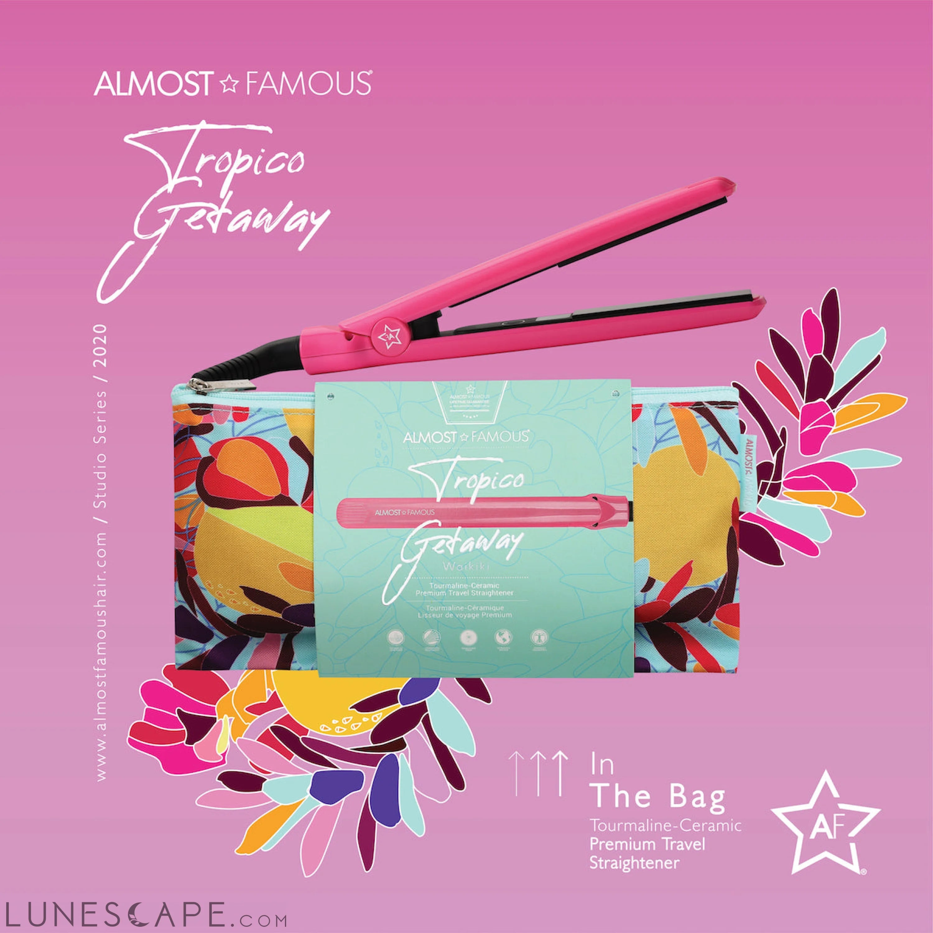 Almost Famous 0.5" Tropico Getaway Mini Travel Flat Iron+Designer Bag LUNESCAPE