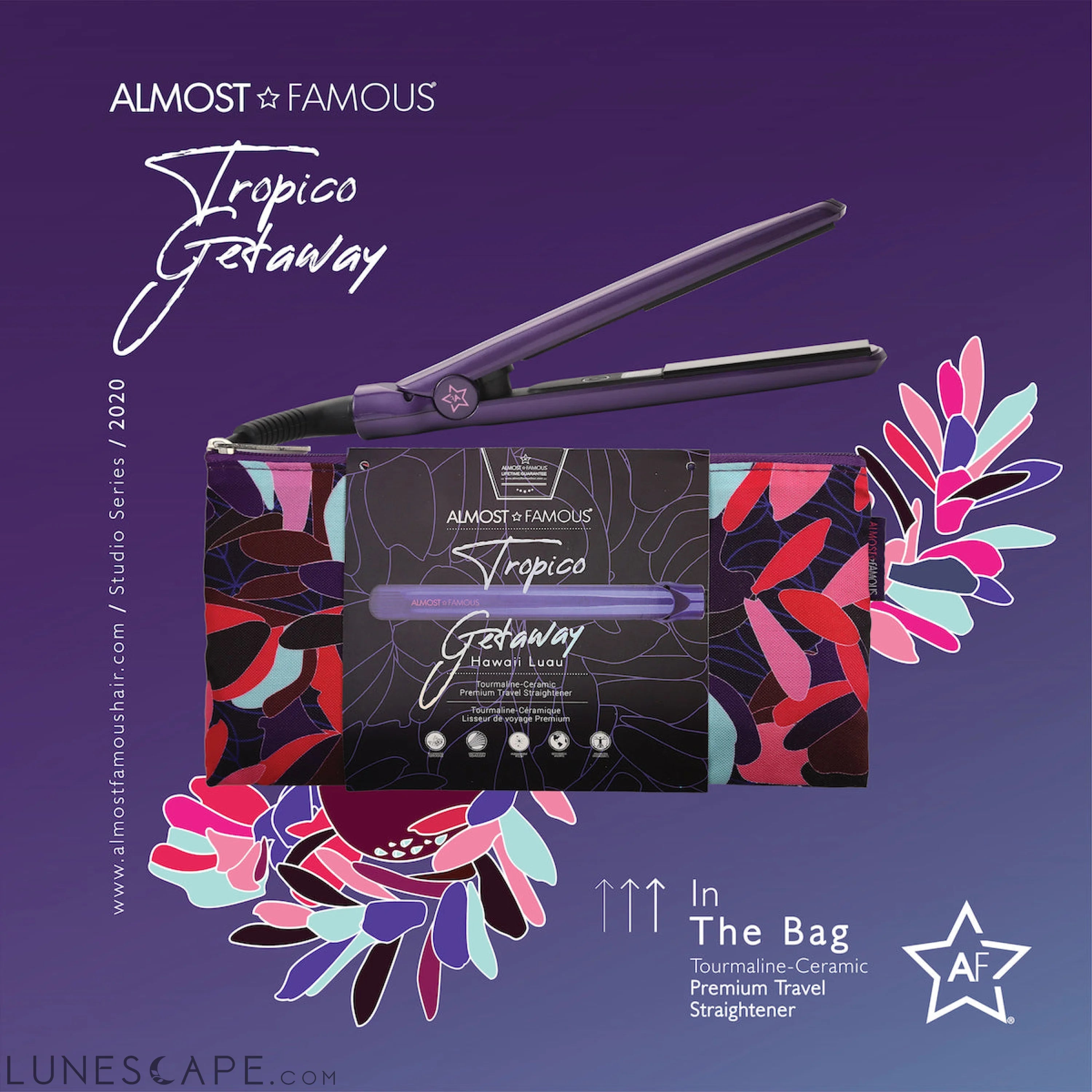 Almost Famous 0.5" Tropico Getaway Mini Travel Flat Iron+Designer Bag LUNESCAPE