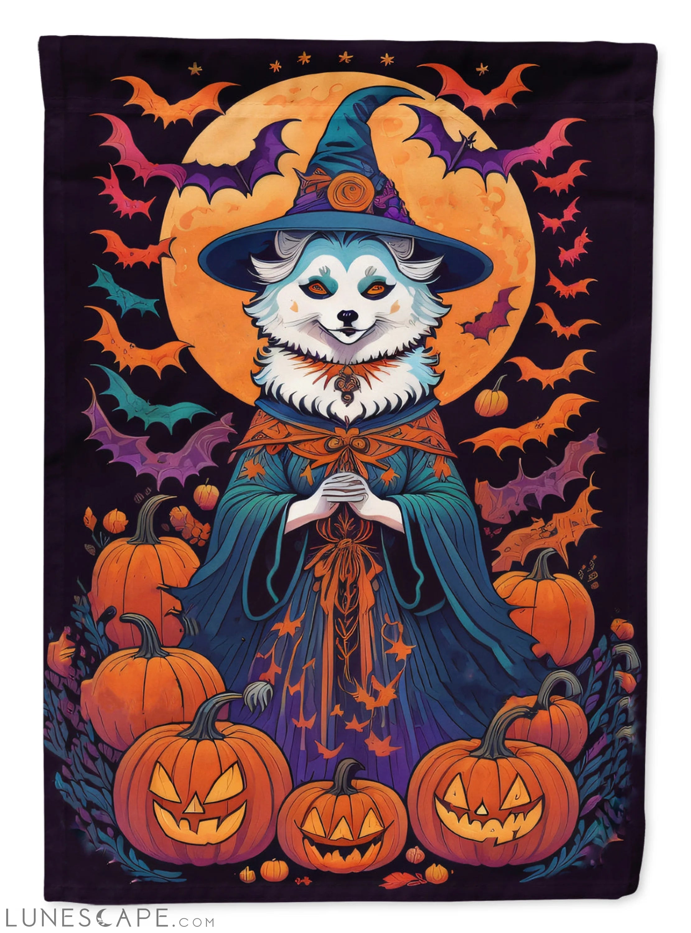American Eskimo Witchy Halloween Garden Flag LUNESCAPE