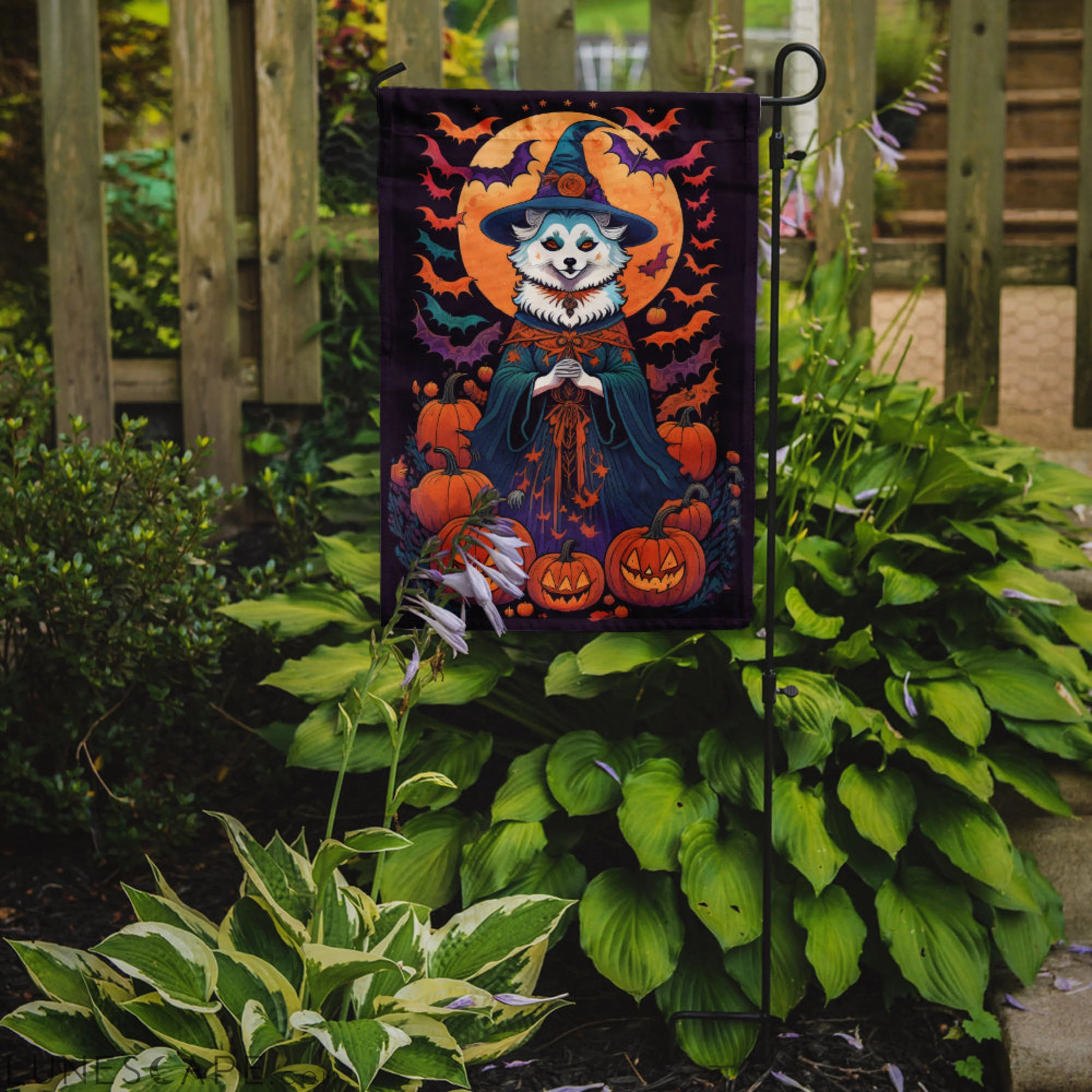 American Eskimo Witchy Halloween Garden Flag LUNESCAPE