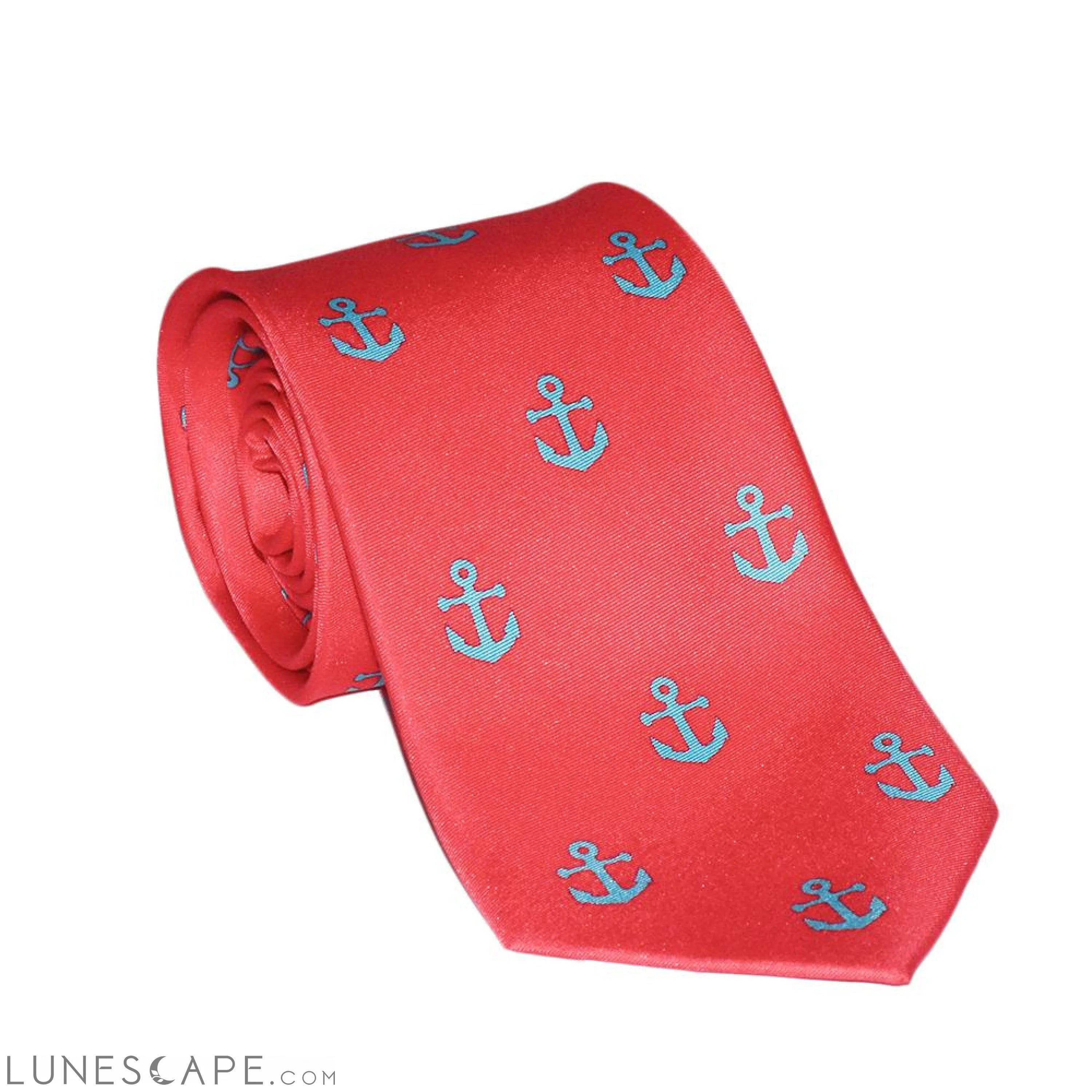 Anchor Necktie - Light Blue on Coral, Printed Silk LUNESCAPE