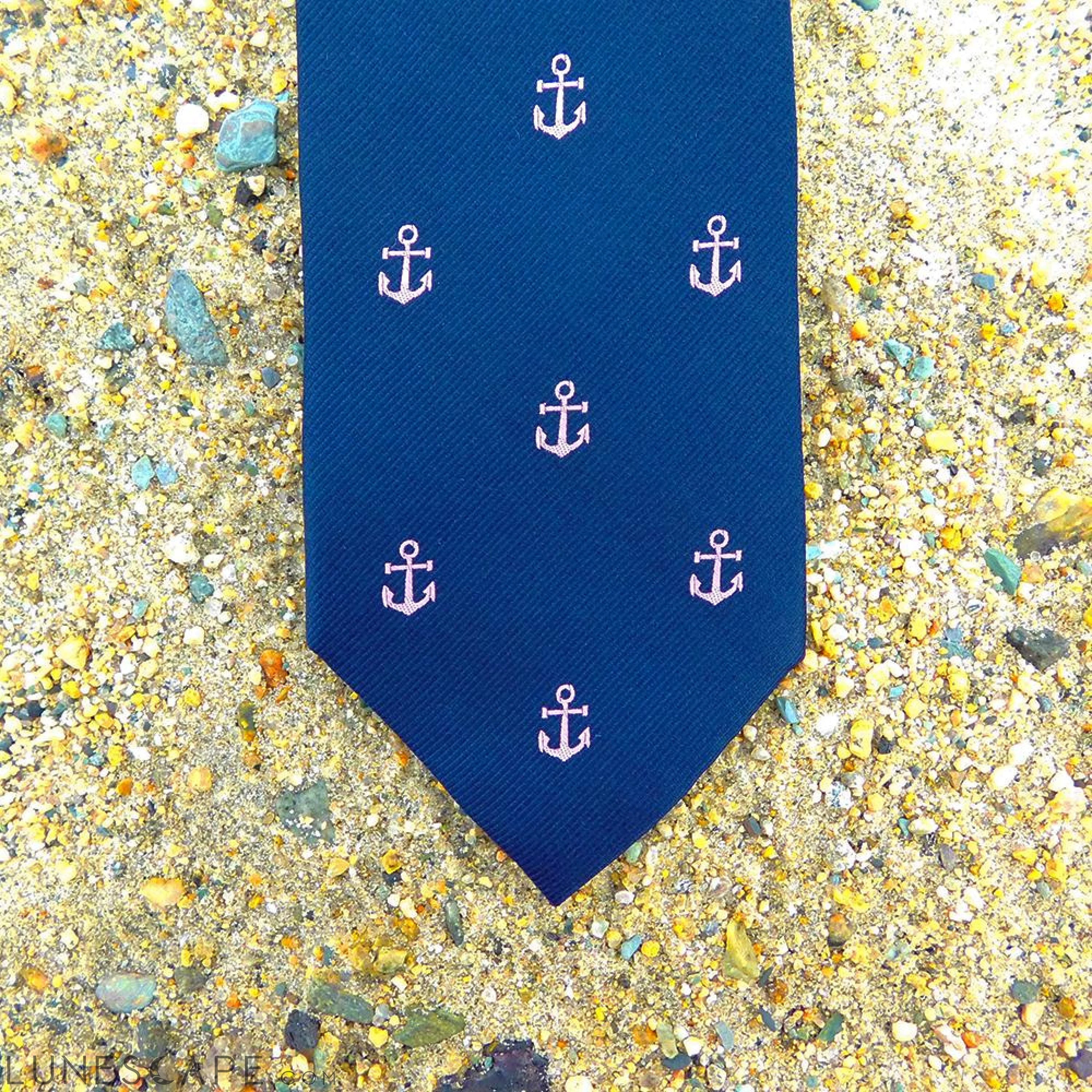 Anchor Necktie - Pink on Navy, Woven Silk LUNESCAPE