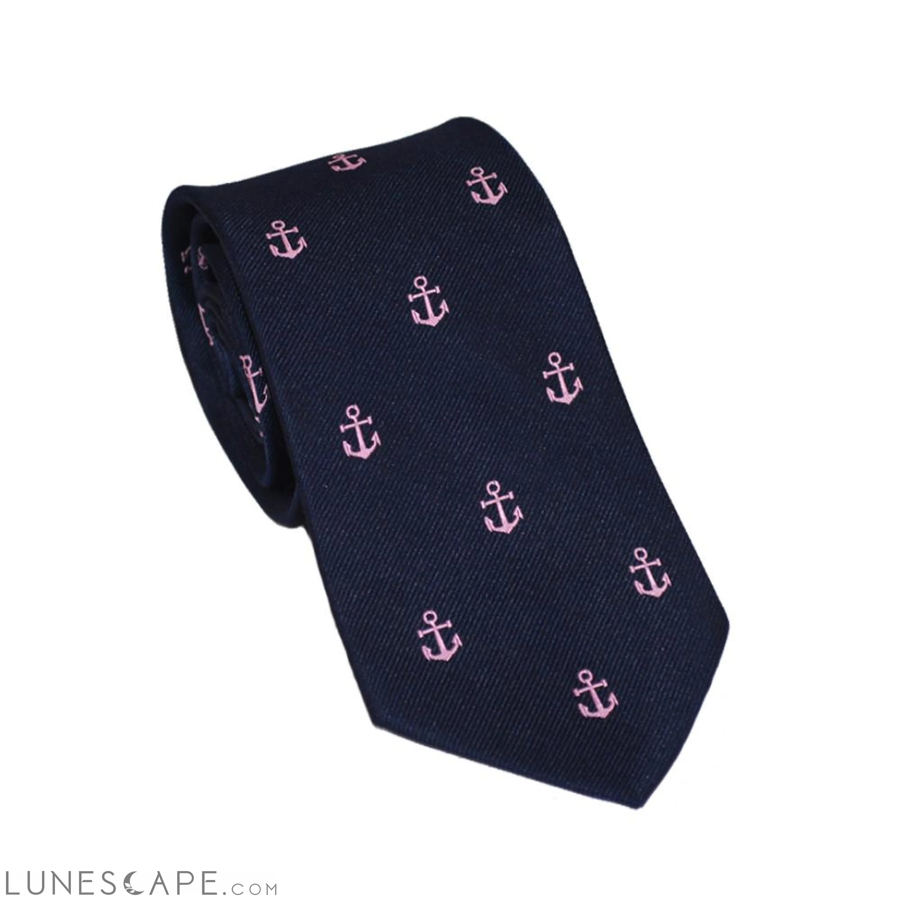 Anchor Necktie - Pink on Navy, Woven Silk LUNESCAPE