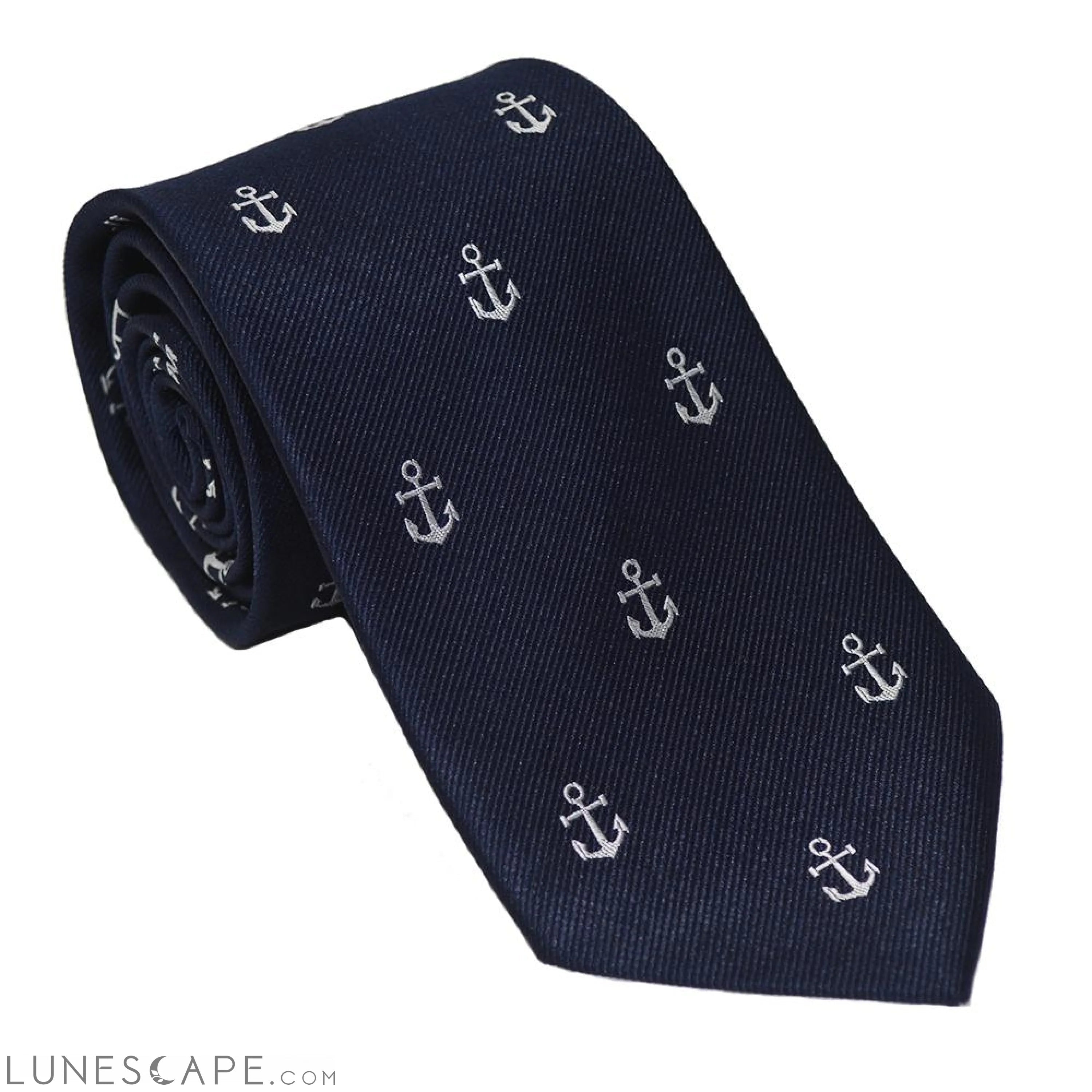 Anchor Necktie - White on Navy, Woven Silk LUNESCAPE