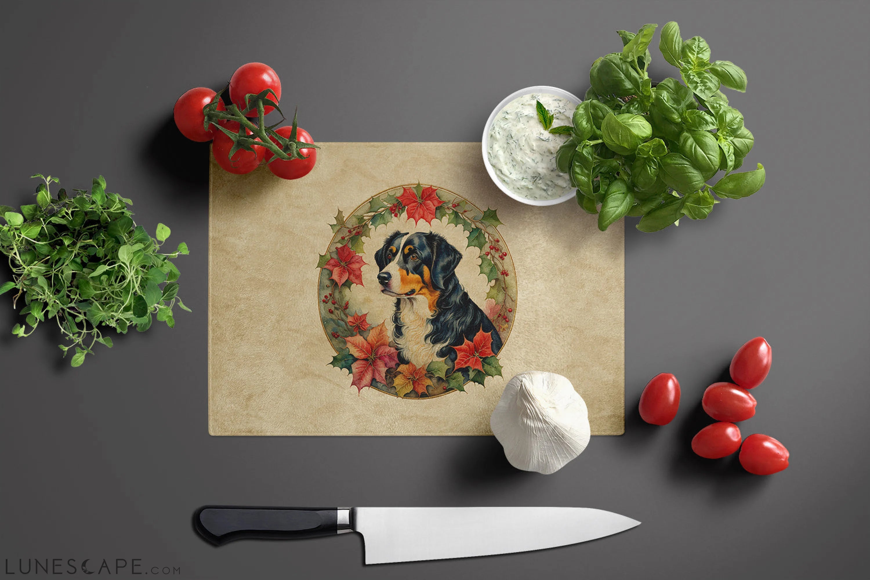 Appenzeller Sennenhund Christmas Flowers Glass Cutting Board LUNESCAPE