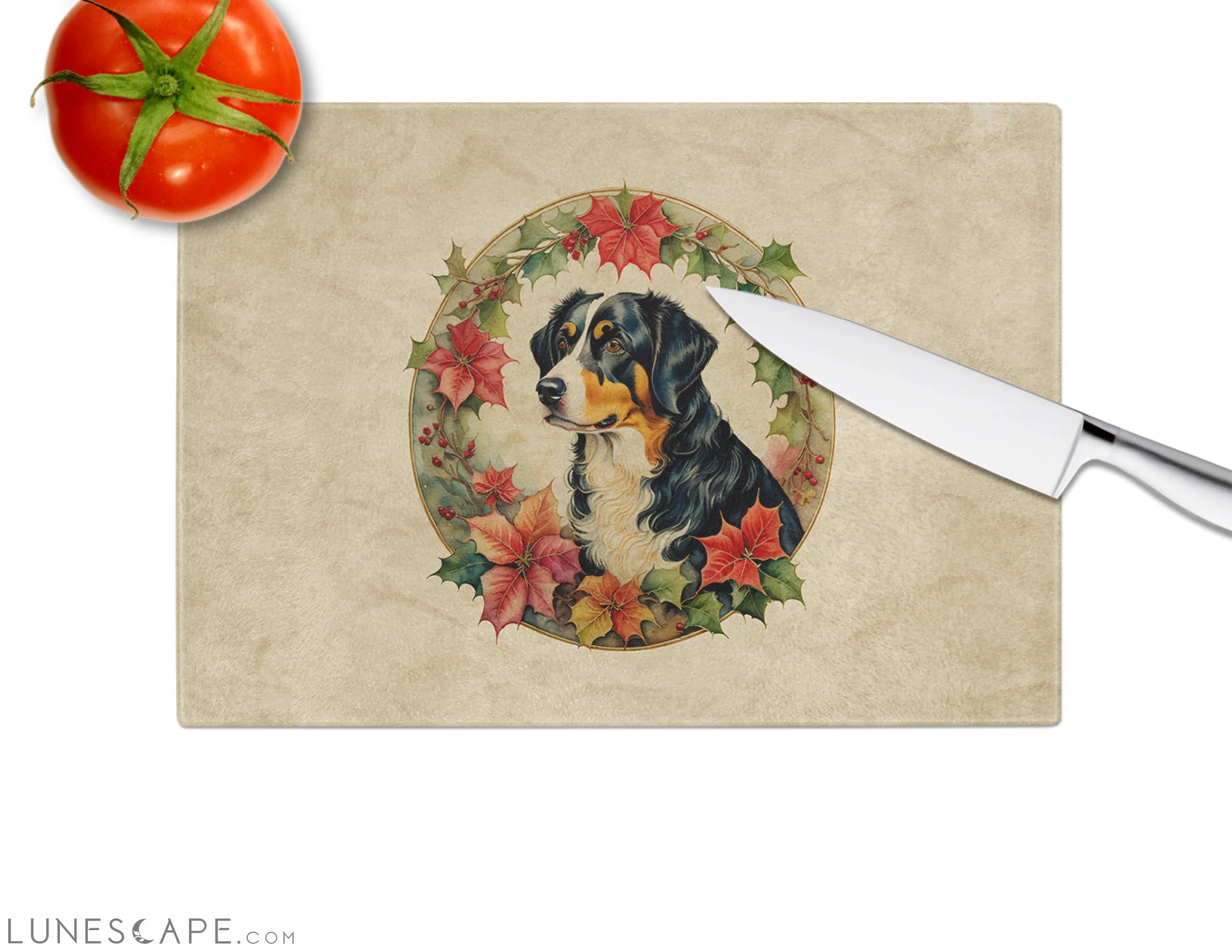Appenzeller Sennenhund Christmas Flowers Glass Cutting Board LUNESCAPE