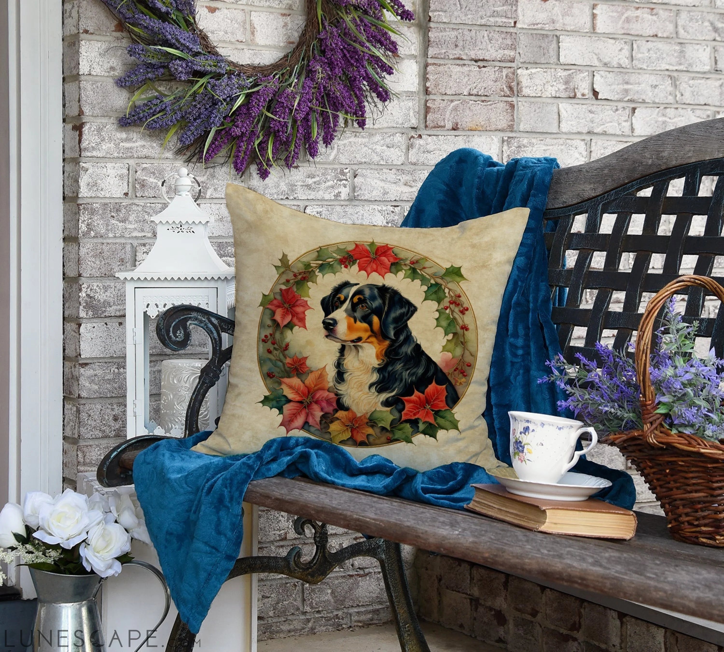 Appenzeller Sennenhund Christmas Flowers Throw Pillow LUNESCAPE