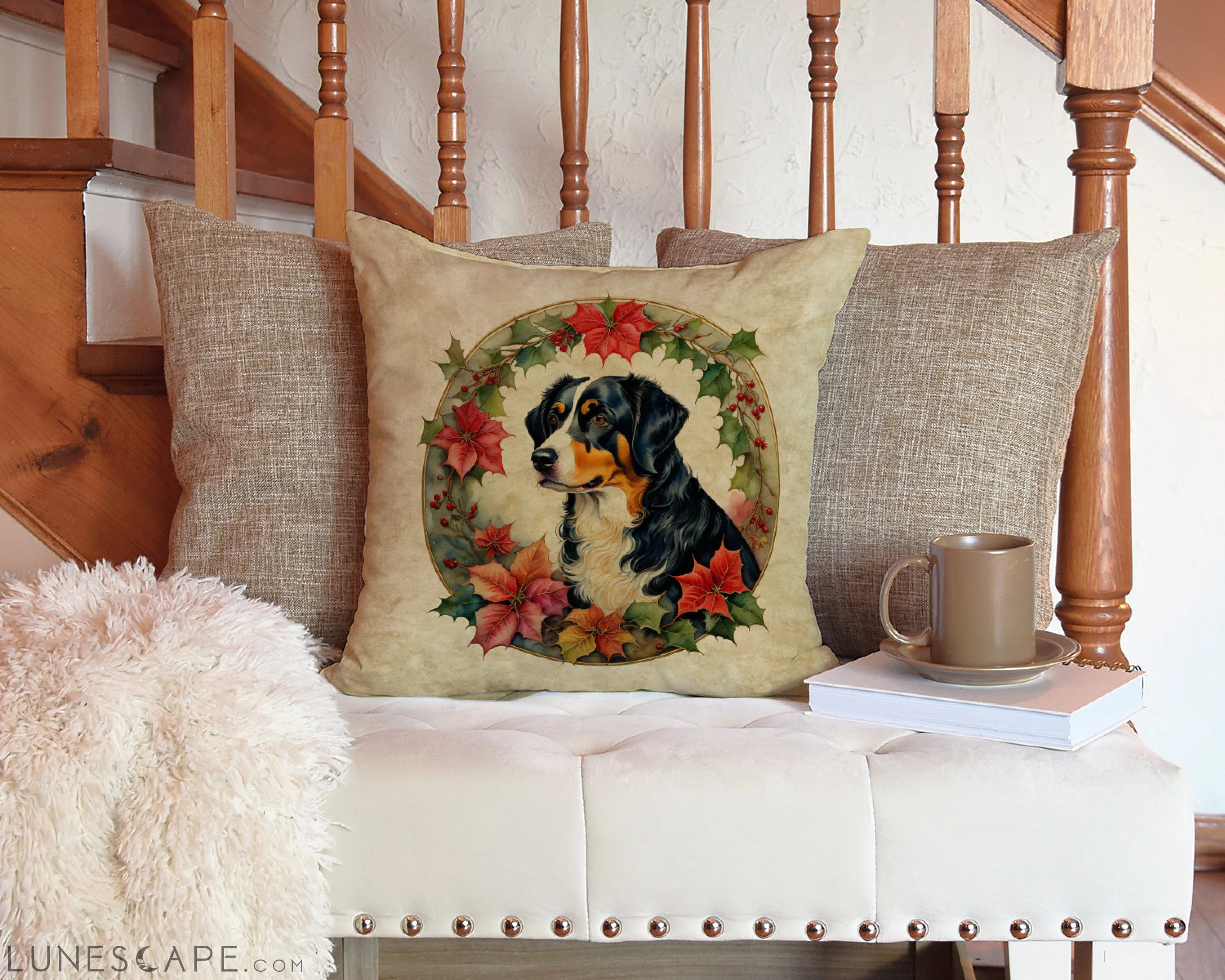 Appenzeller Sennenhund Christmas Flowers Throw Pillow LUNESCAPE