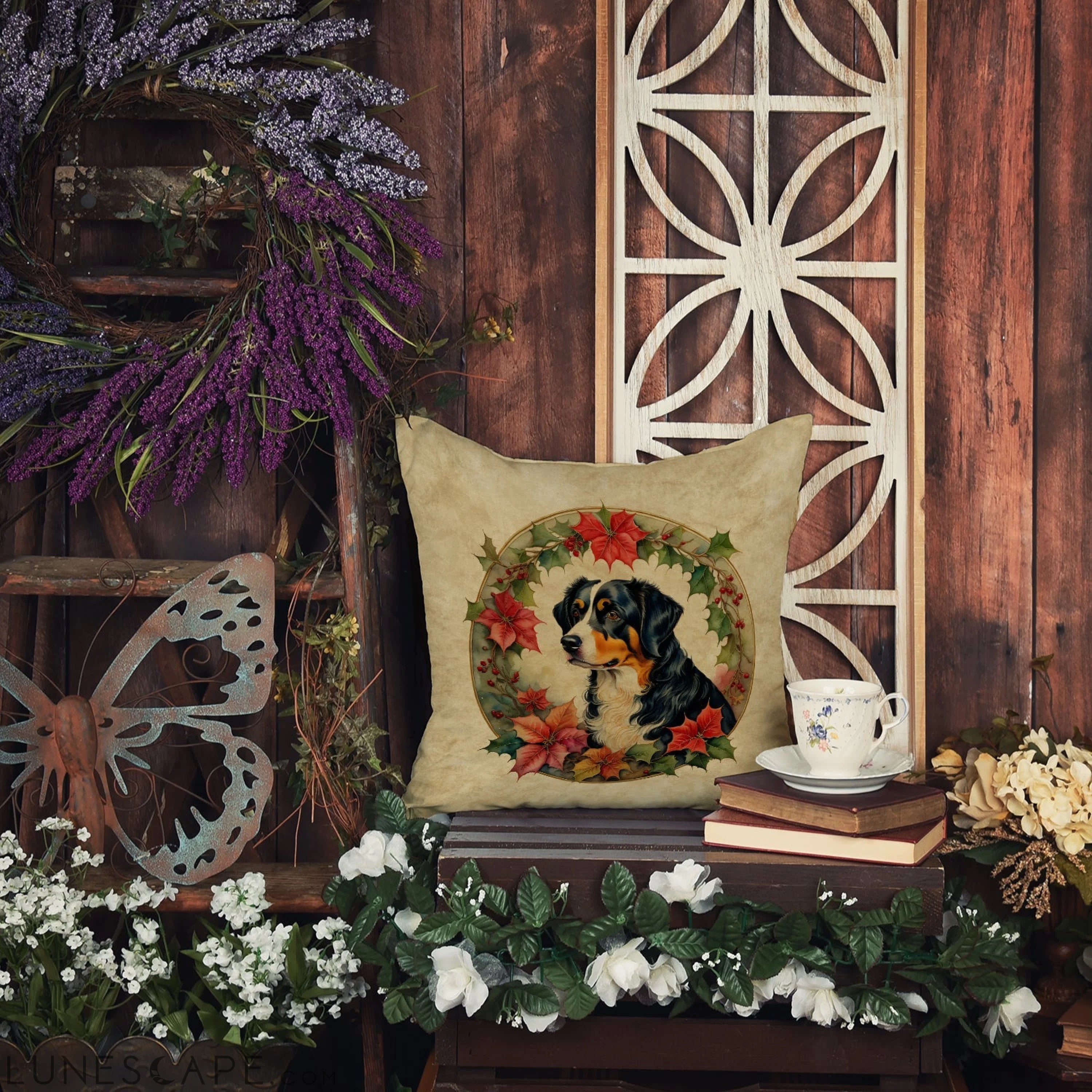 Appenzeller Sennenhund Christmas Flowers Throw Pillow LUNESCAPE