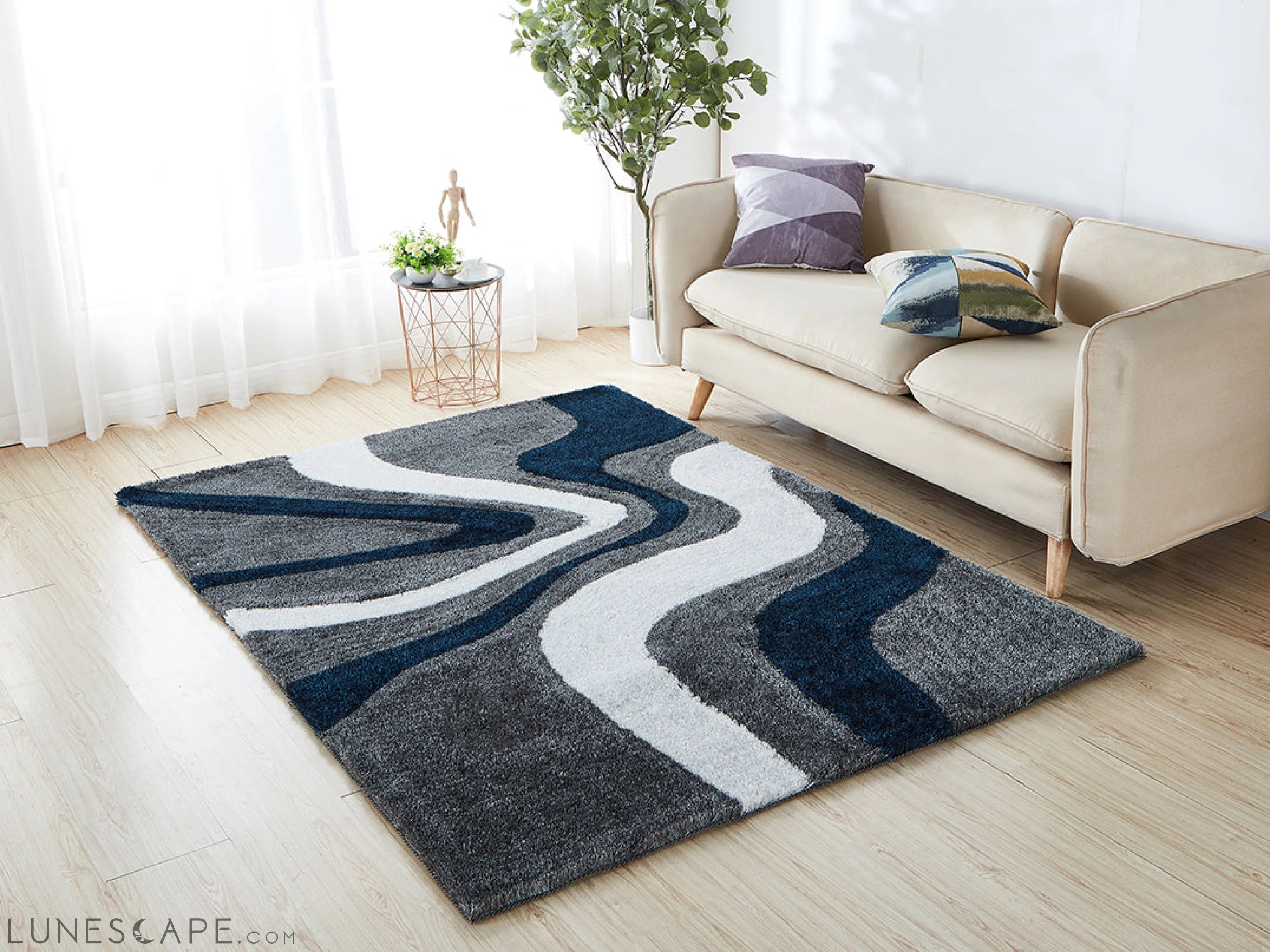 Aria Grey, Navy Blue and White Soft Pile Shaggy Area Rug LUNESCAPE