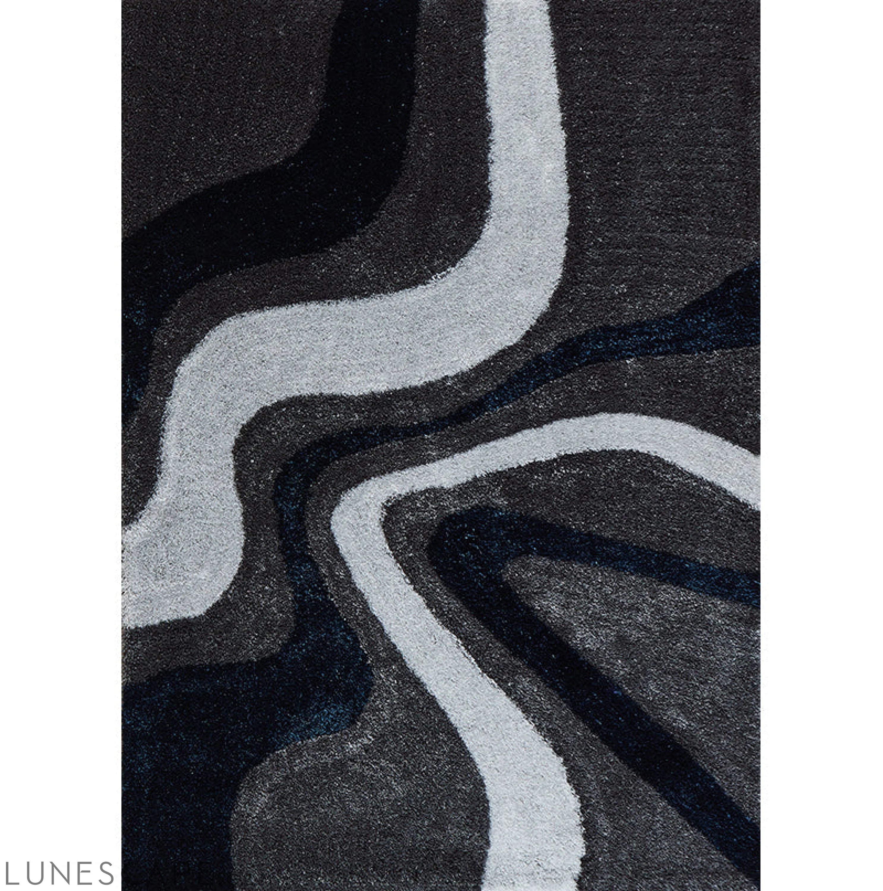 Aria Grey, Navy Blue and White Soft Pile Shaggy Area Rug LUNESCAPE