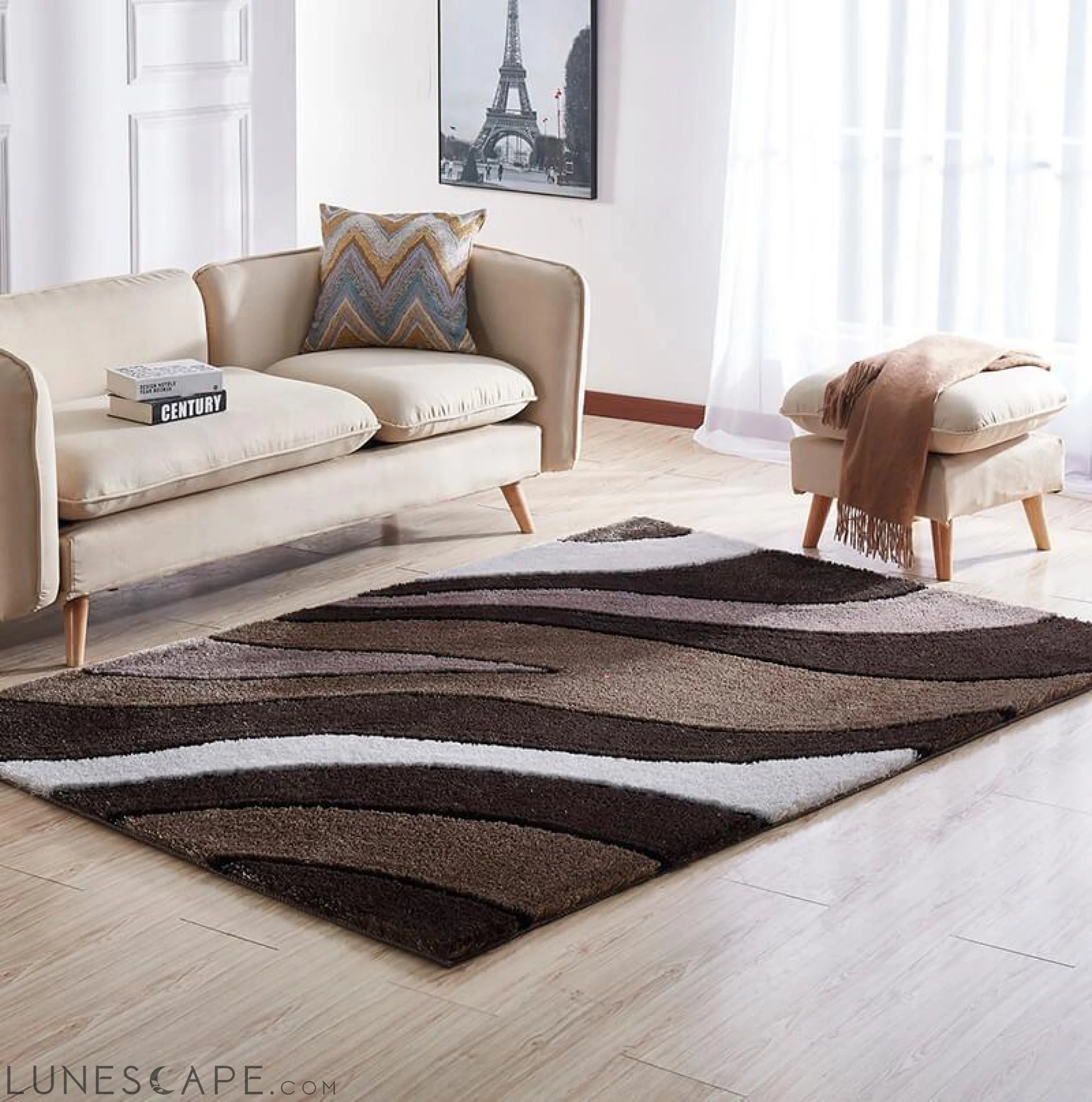 Aria Olive & White Soft Pile Shaggy Area Rug LUNESCAPE