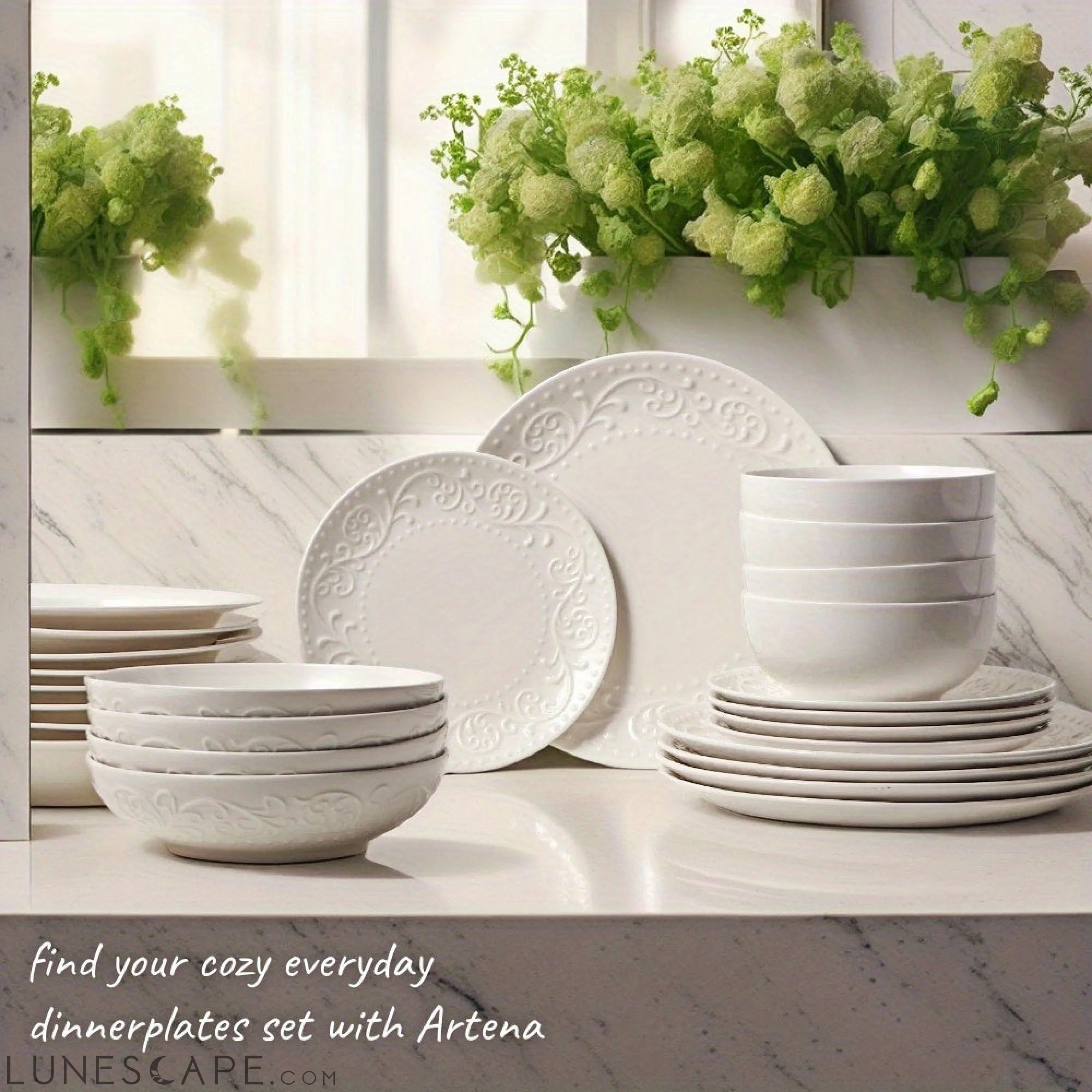 Artena 4Piece Embossed Porcelain Dinner Plate Set LUNESCAPE