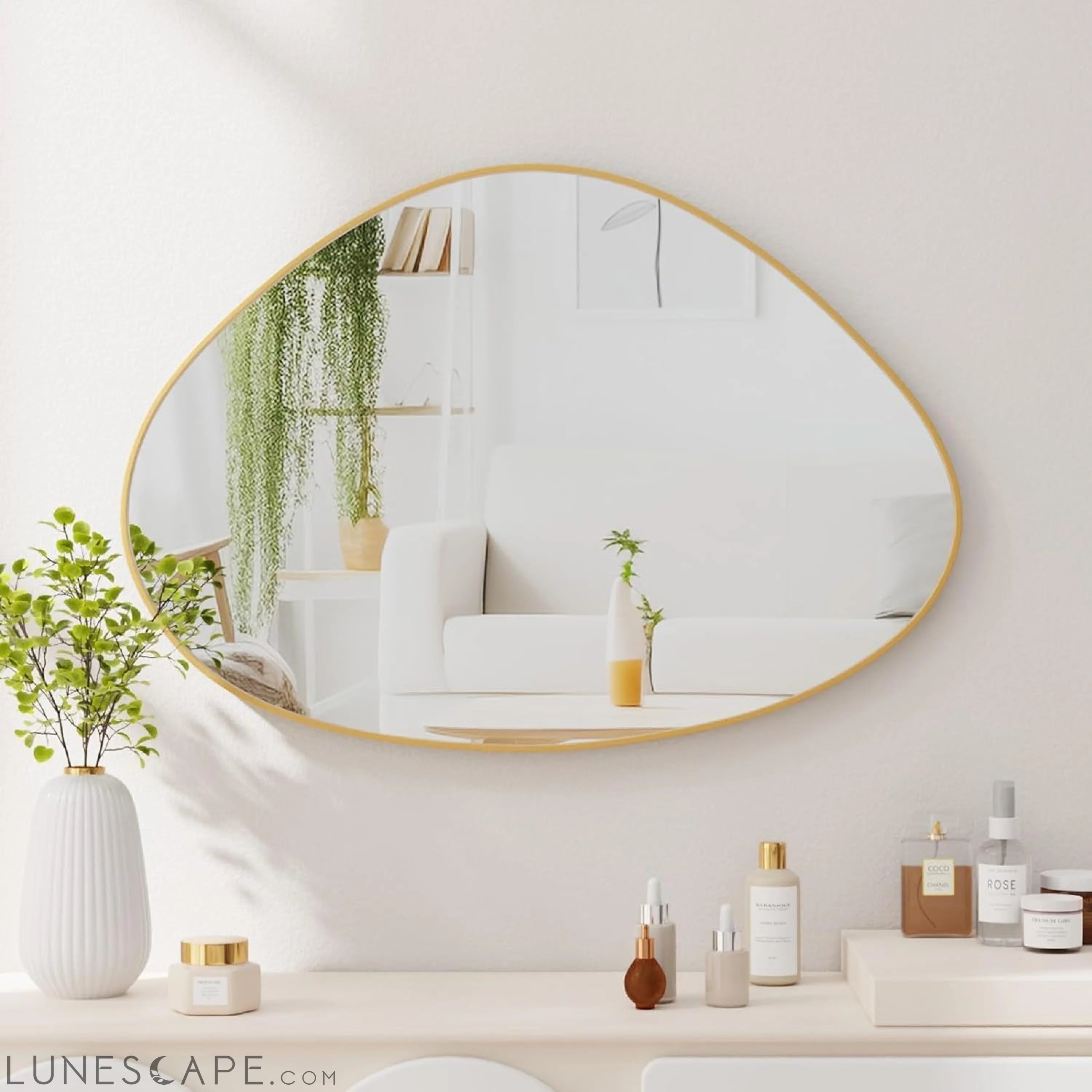 Asymmetrical Gold Framed Wall Mirror for Living Room, Bathroom, LUNESCAPE