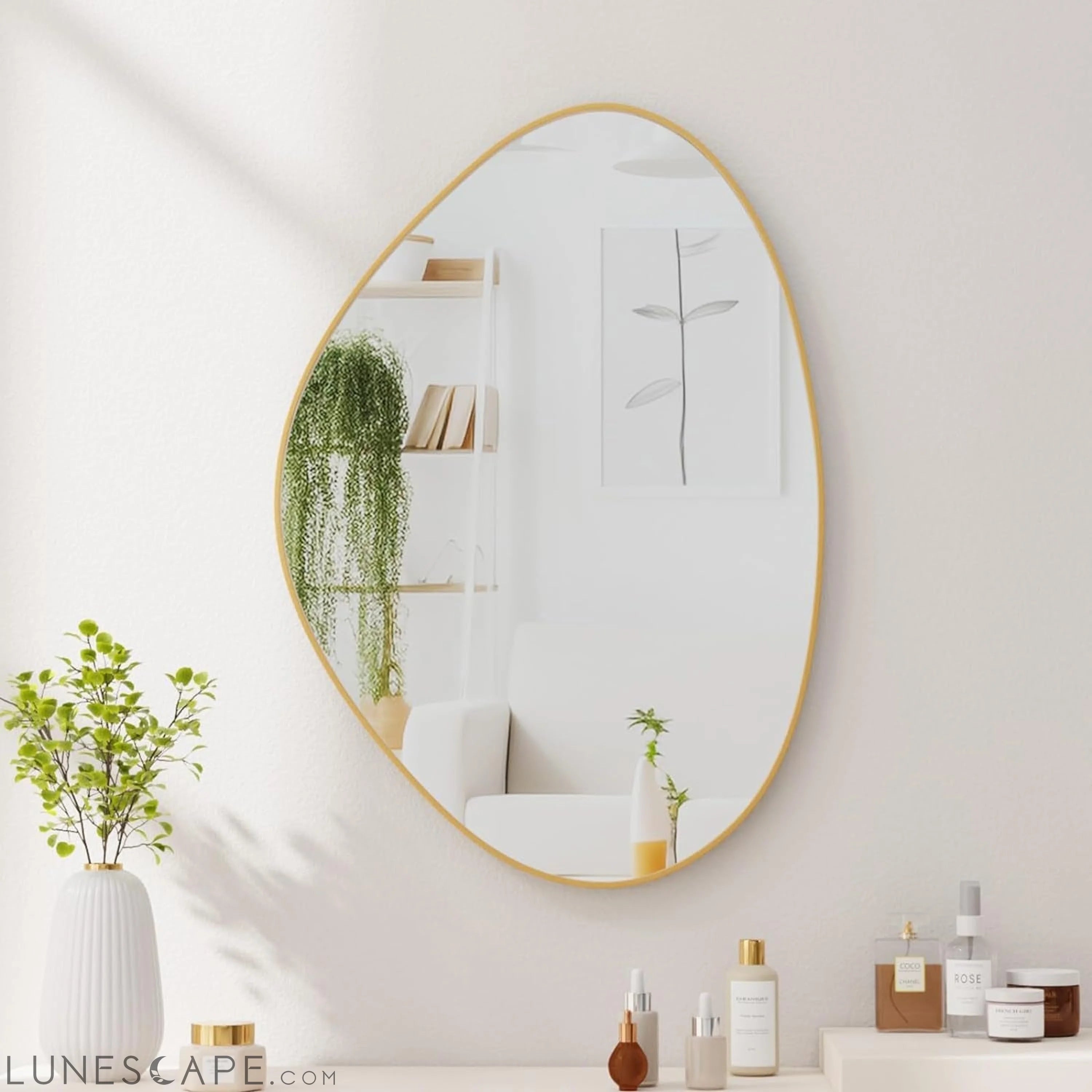 Asymmetrical Gold Framed Wall Mirror for Living Room, Bathroom, LUNESCAPE