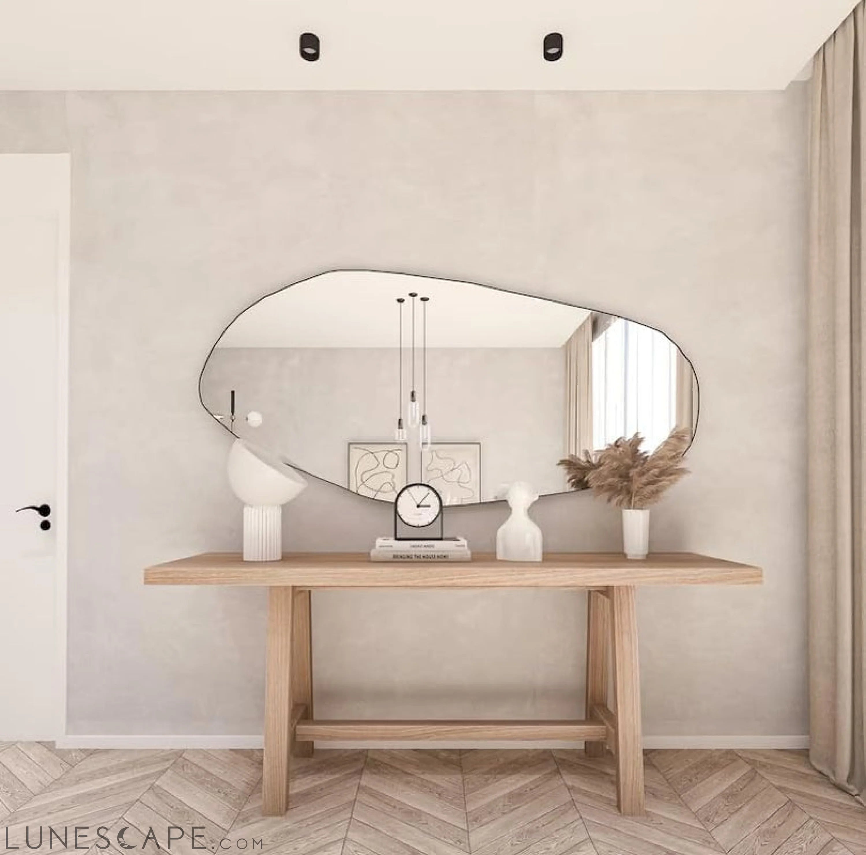 Asymmetrical Wooden Framed Wall Mirror - Modern Dressing Mirror for LUNESCAPE