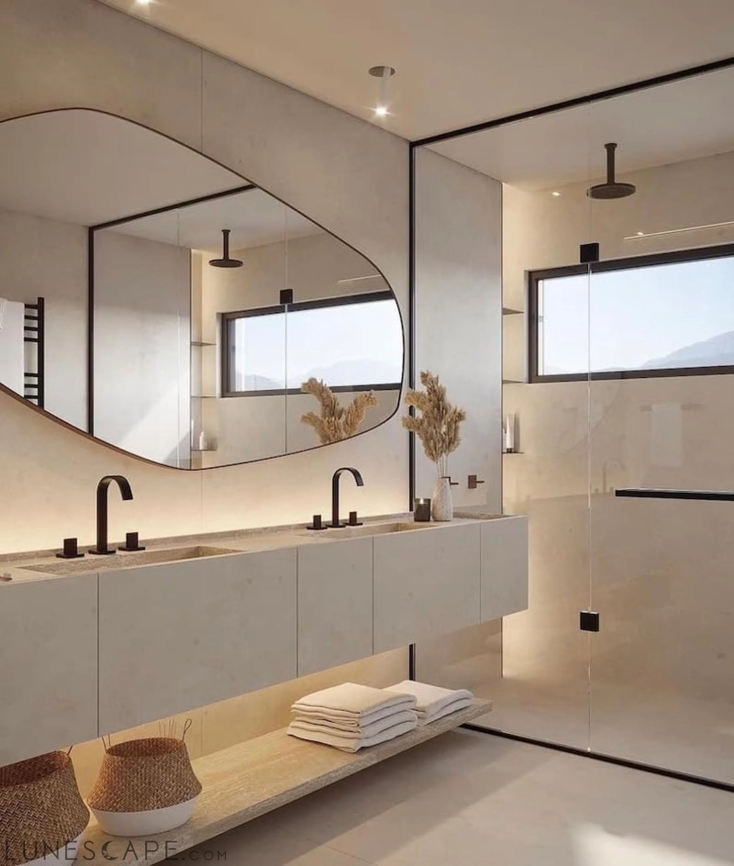 Asymmetrical Wooden Framed Wall Mirror - Modern Dressing Mirror for LUNESCAPE