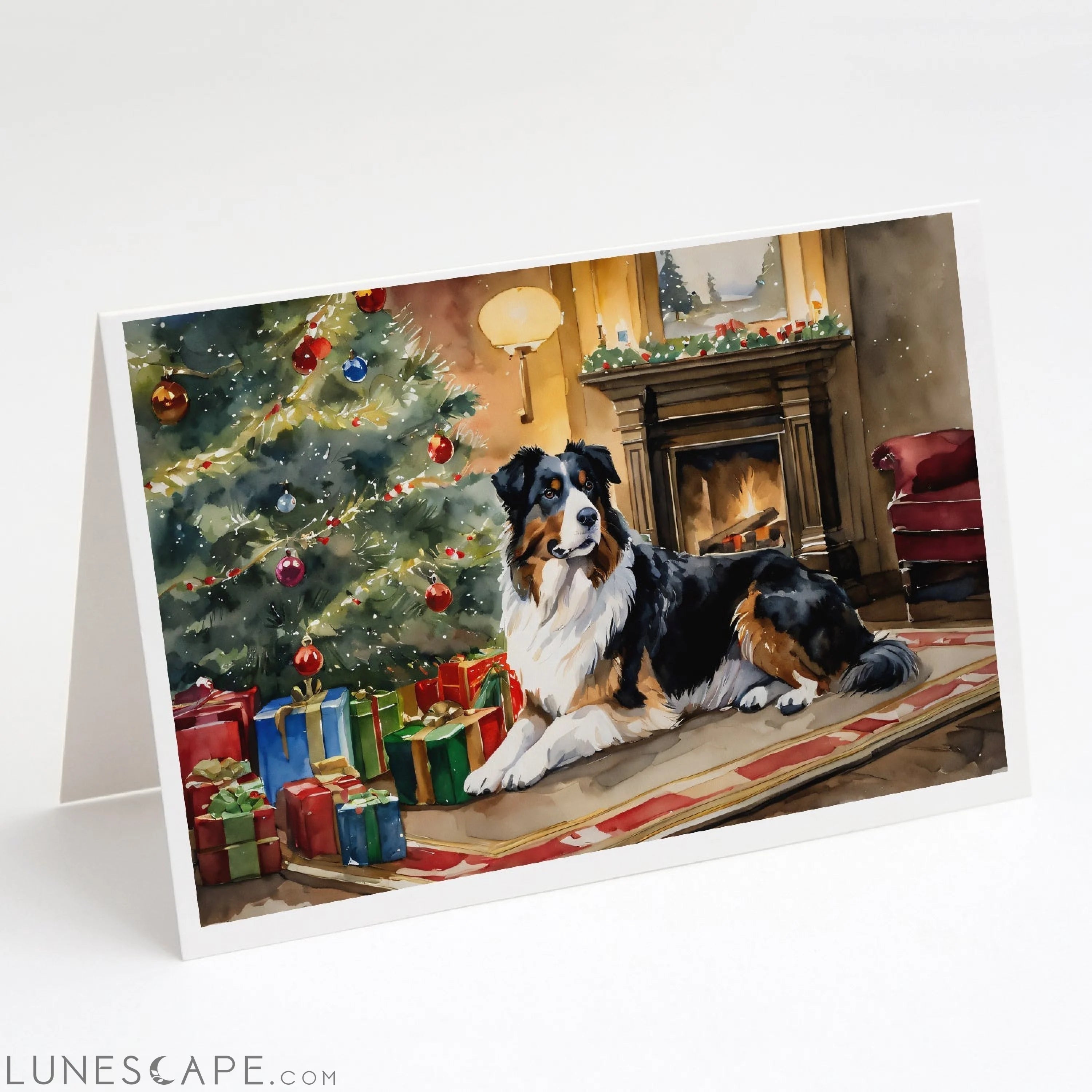 Australian Shepherd Cozy Christmas Greeting Cards Pack of 8 LUNESCAPE