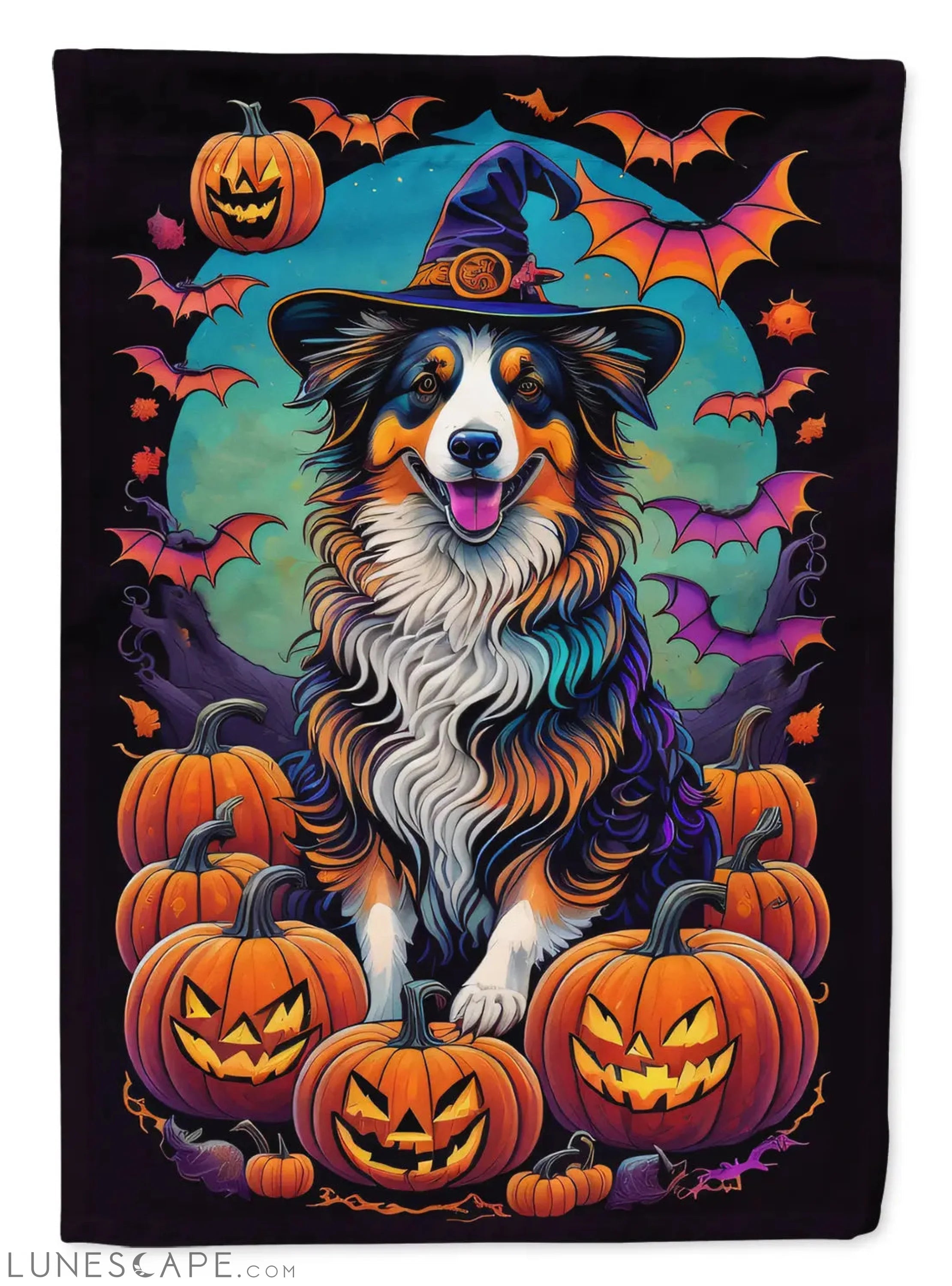 Australian Shepherd Witchy Halloween House Flag LUNESCAPE