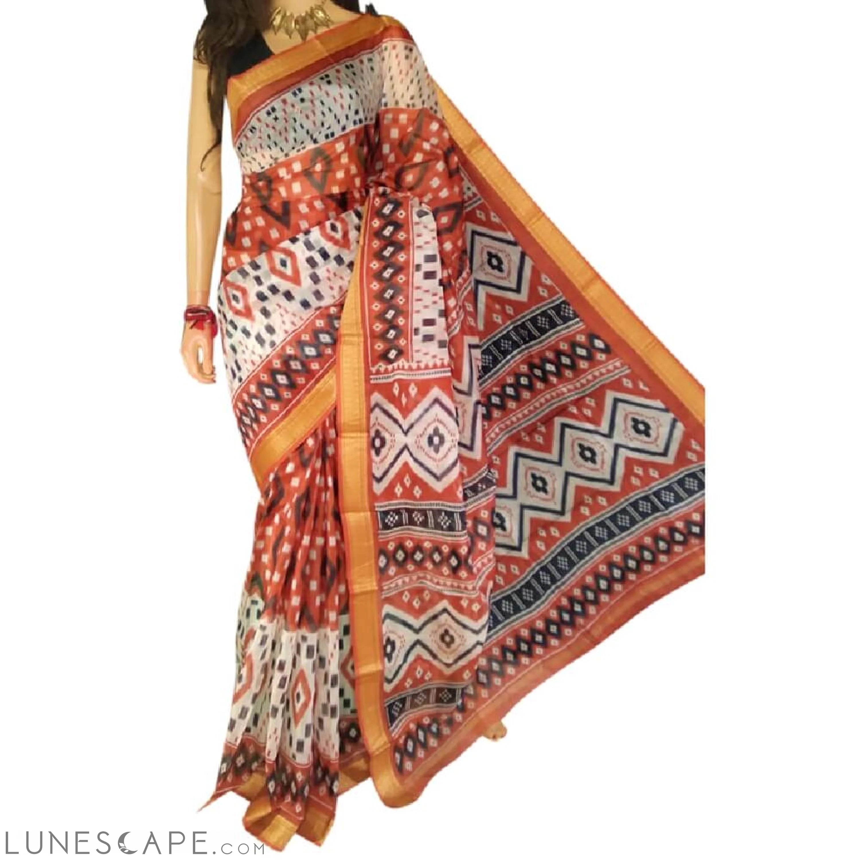 Bangalore Silk Saree With Geometric Block Print - Orange LUNESCAPE