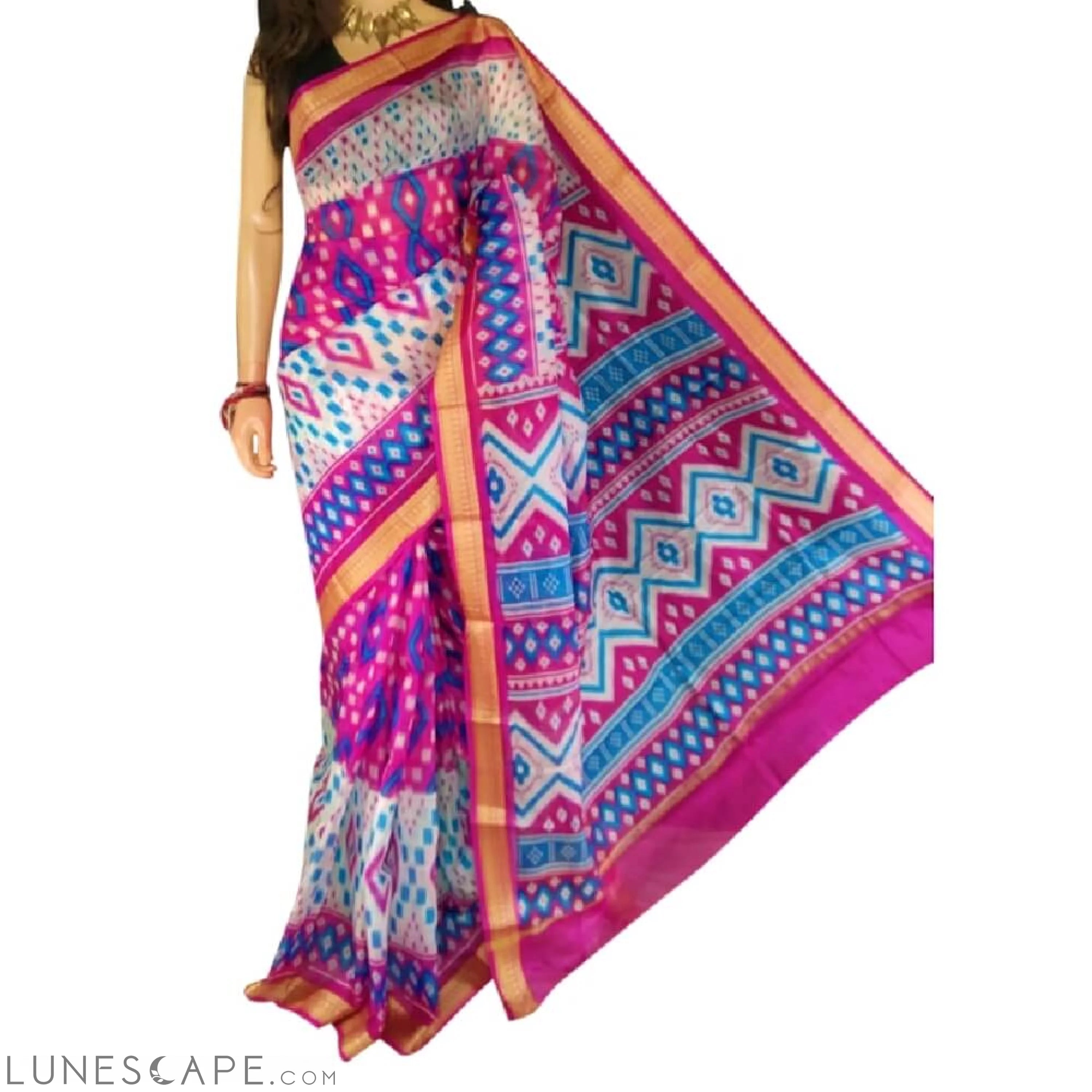 Bangalore Silk Saree With Geometric Block Print - Pink LUNESCAPE