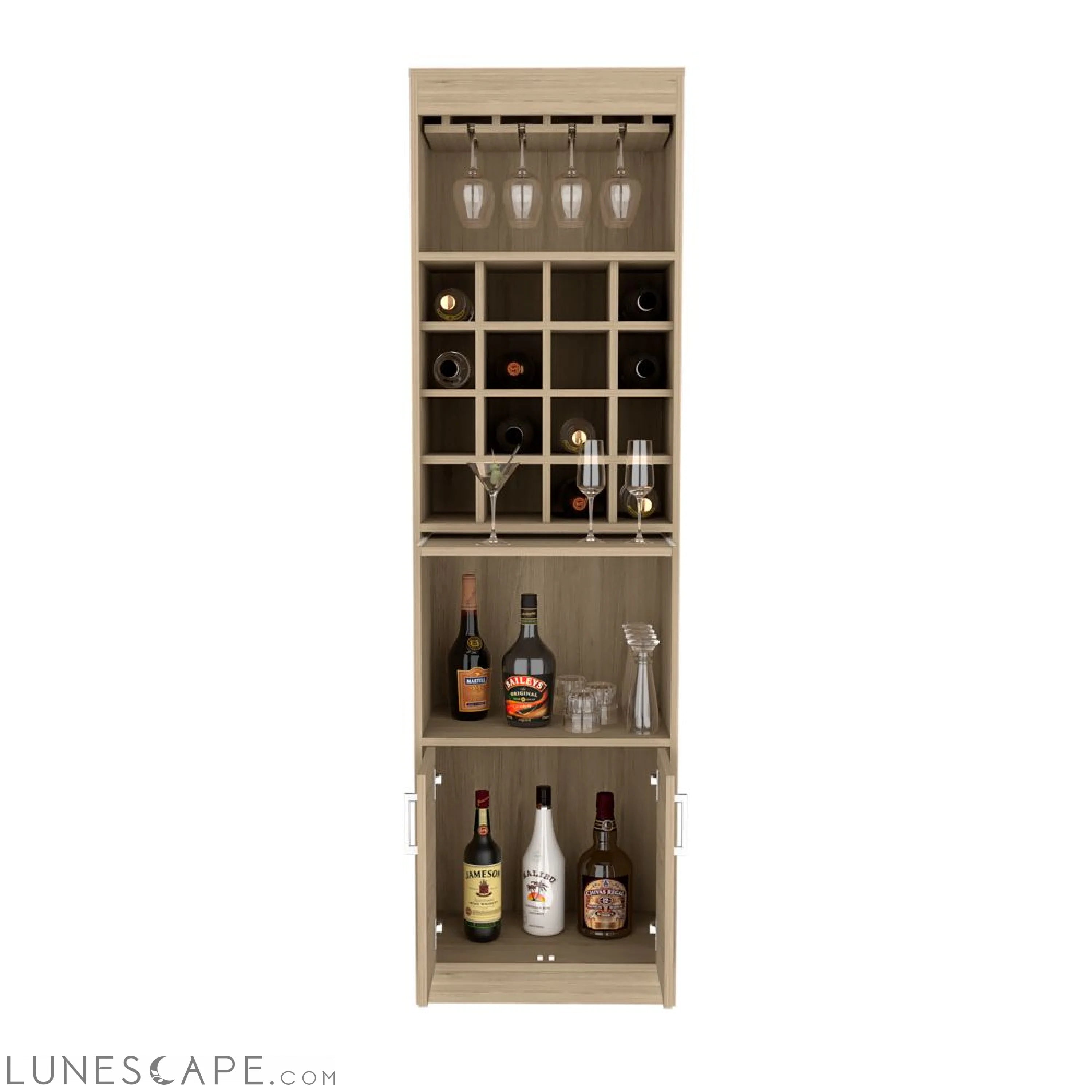 Bar Cabinet Atanasio, Rack, 16 Wine Cubbies, Light Pine Finish LUNESCAPE