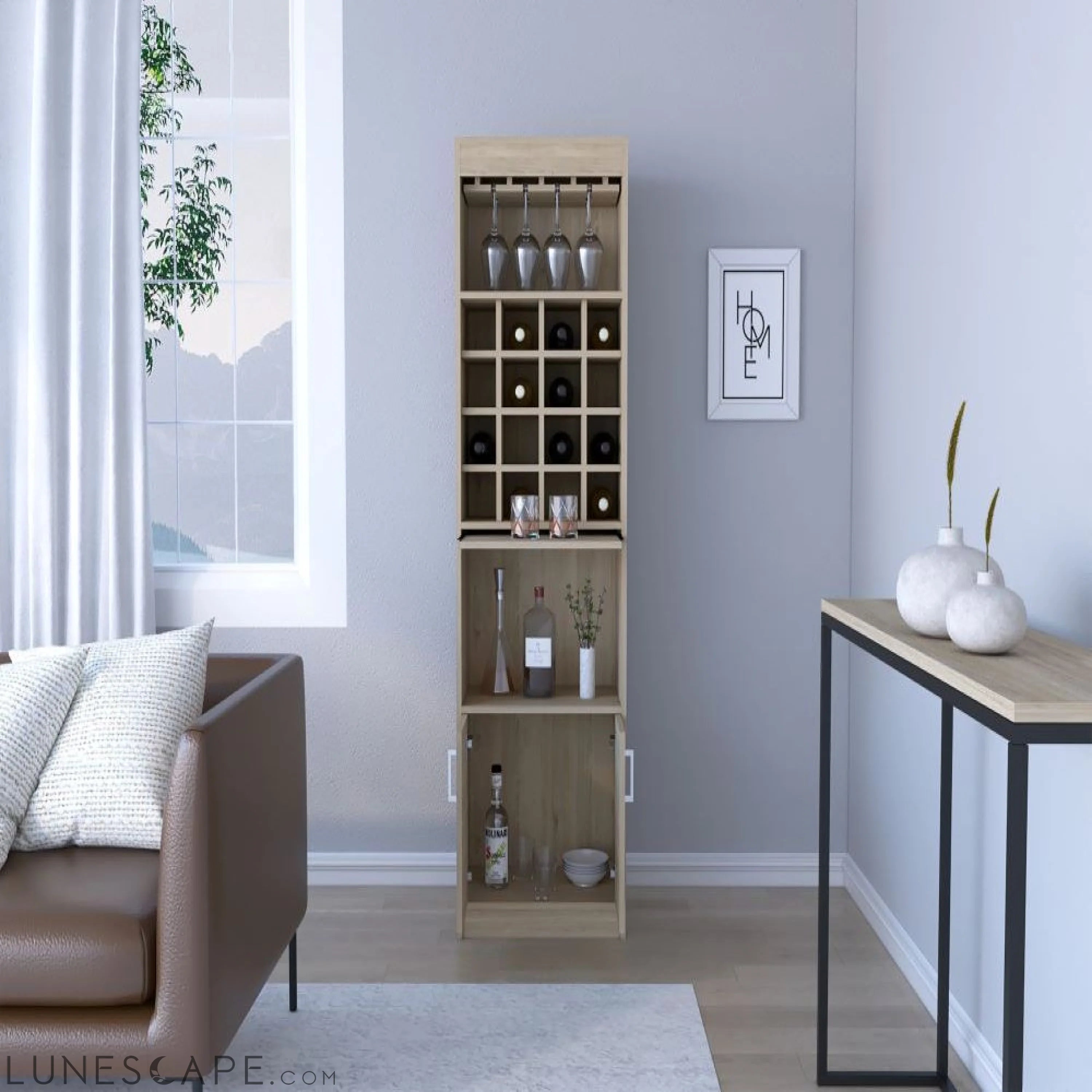 Bar Cabinet Atanasio, Rack, 16 Wine Cubbies, Light Pine Finish LUNESCAPE