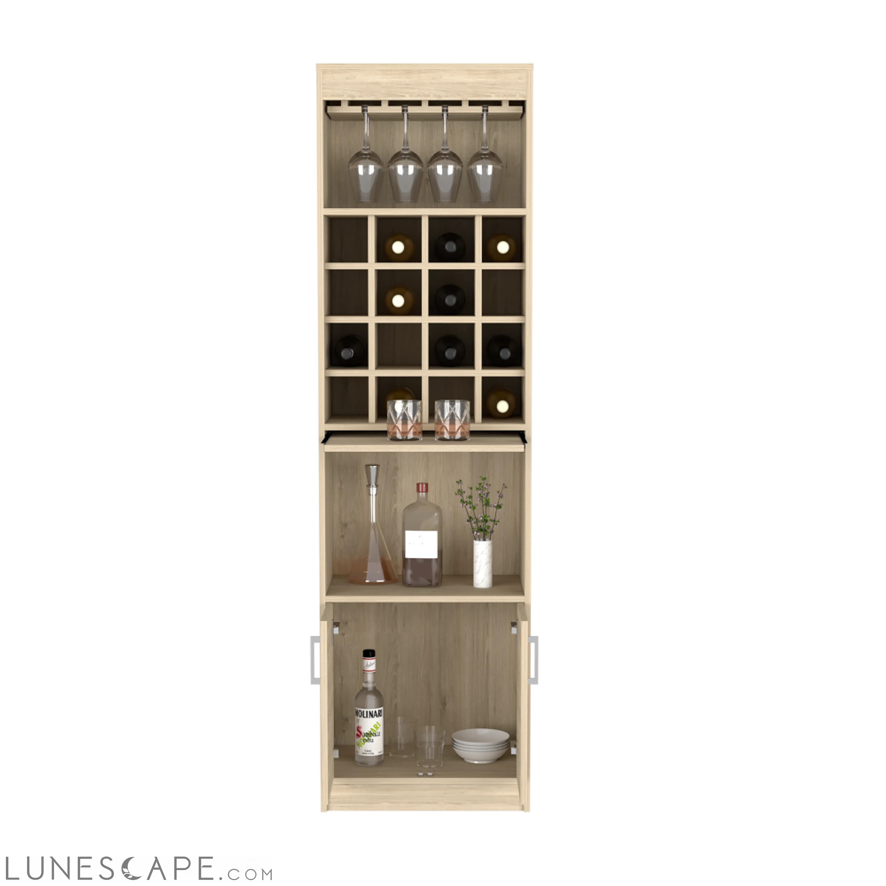 Bar Cabinet Atanasio, Rack, 16 Wine Cubbies, Light Pine Finish LUNESCAPE