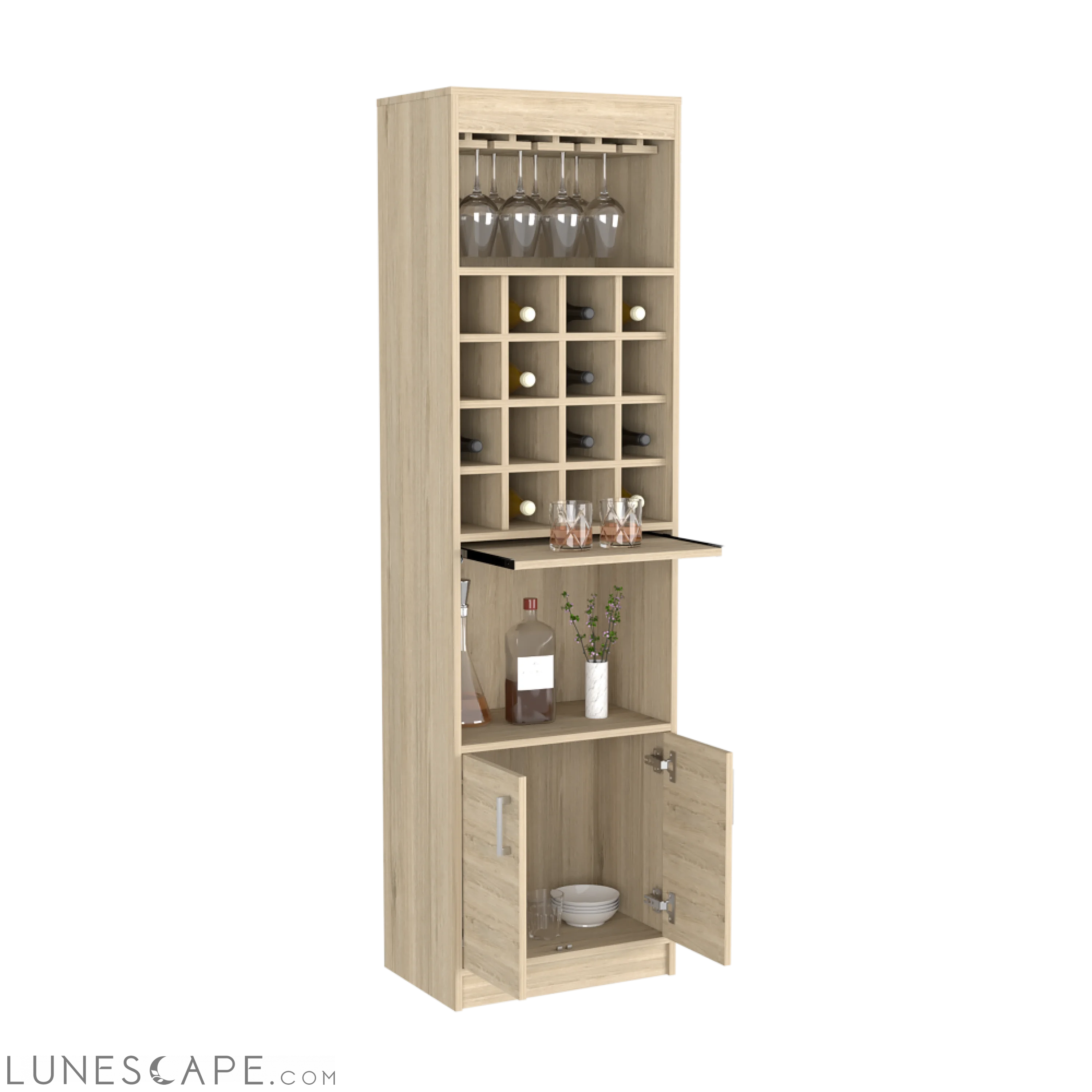Bar Cabinet Atanasio, Rack, 16 Wine Cubbies, Light Pine Finish LUNESCAPE