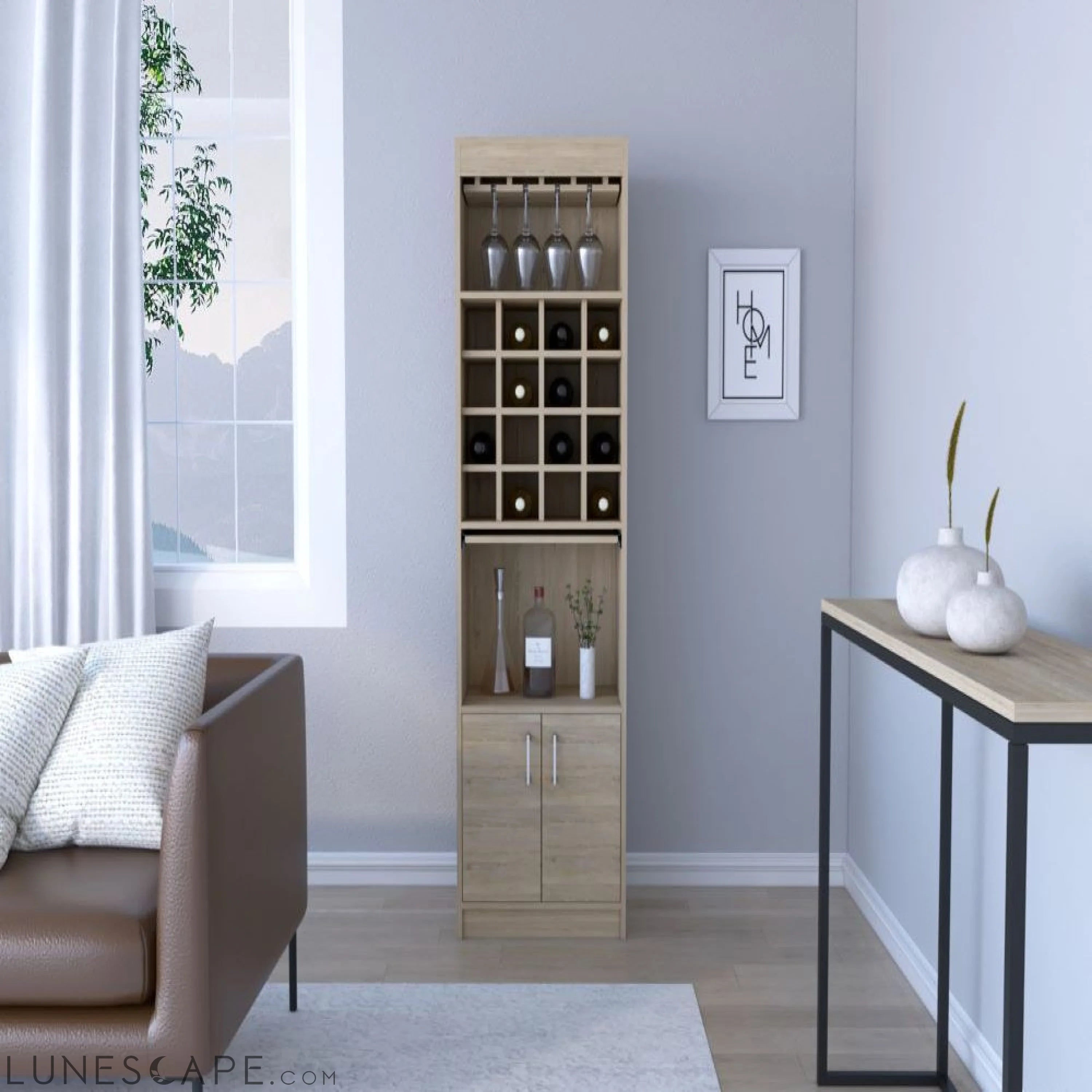 Bar Cabinet Atanasio, Rack, 16 Wine Cubbies, Light Pine Finish LUNESCAPE