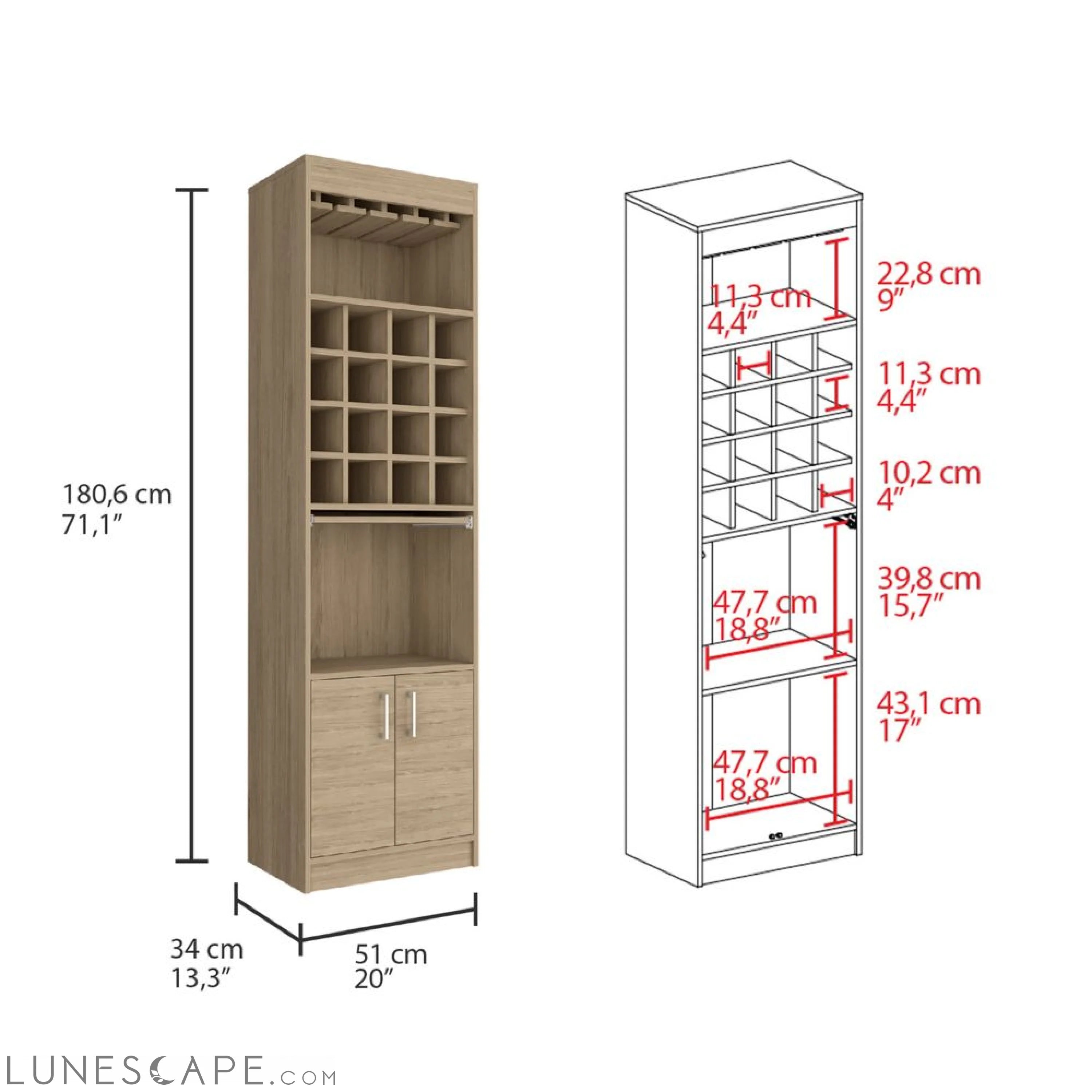 Bar Cabinet Atanasio, Rack, 16 Wine Cubbies, Light Pine Finish LUNESCAPE