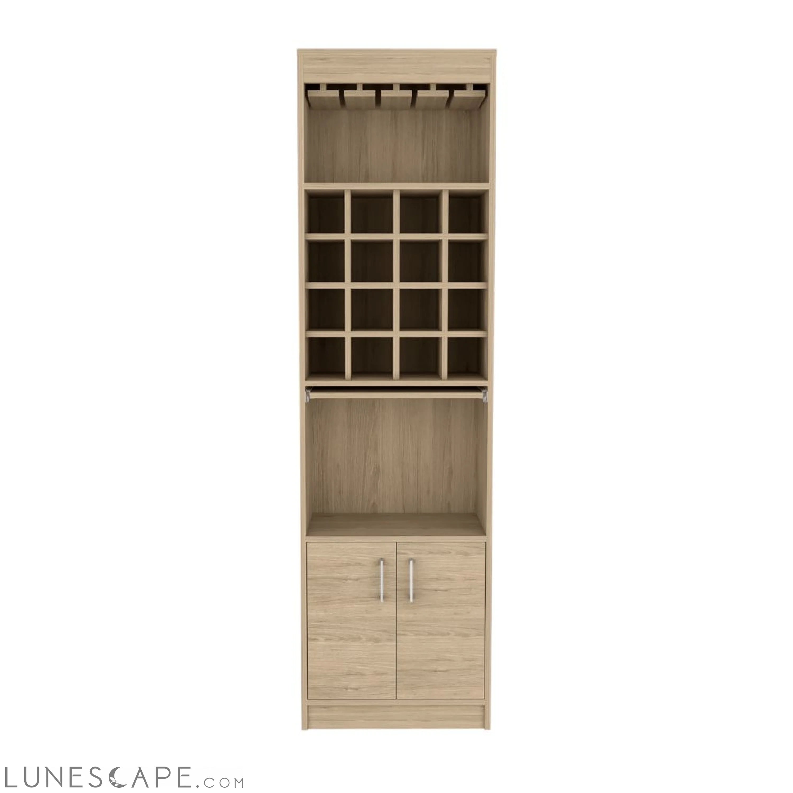 Bar Cabinet Atanasio, Rack, 16 Wine Cubbies, Light Pine Finish LUNESCAPE
