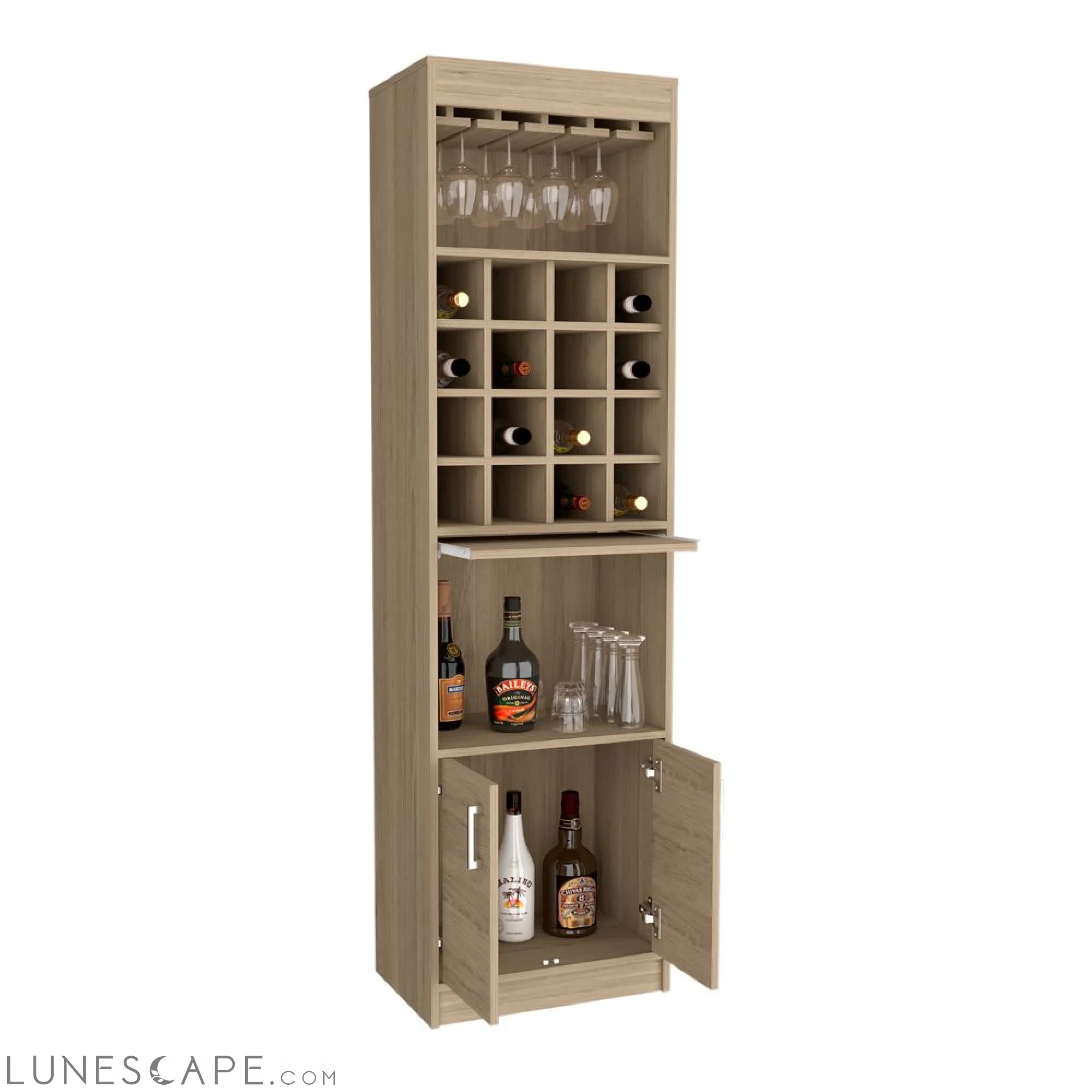 Bar Cabinet Atanasio, Rack, 16 Wine Cubbies, Light Pine Finish LUNESCAPE