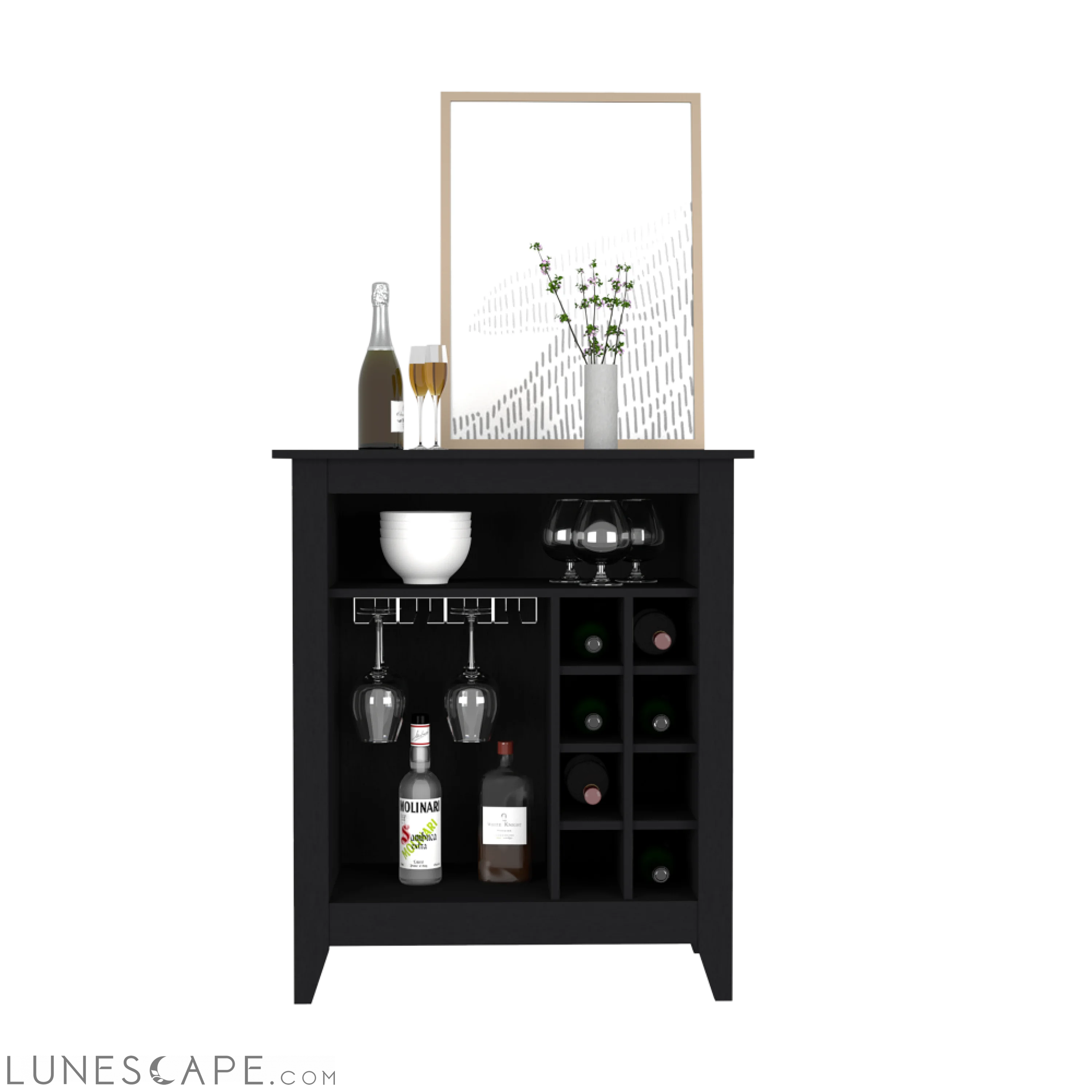 Bar Cabinet Castle, One Open Shelf, Six Wine Cubbies, Black Wengue LUNESCAPE