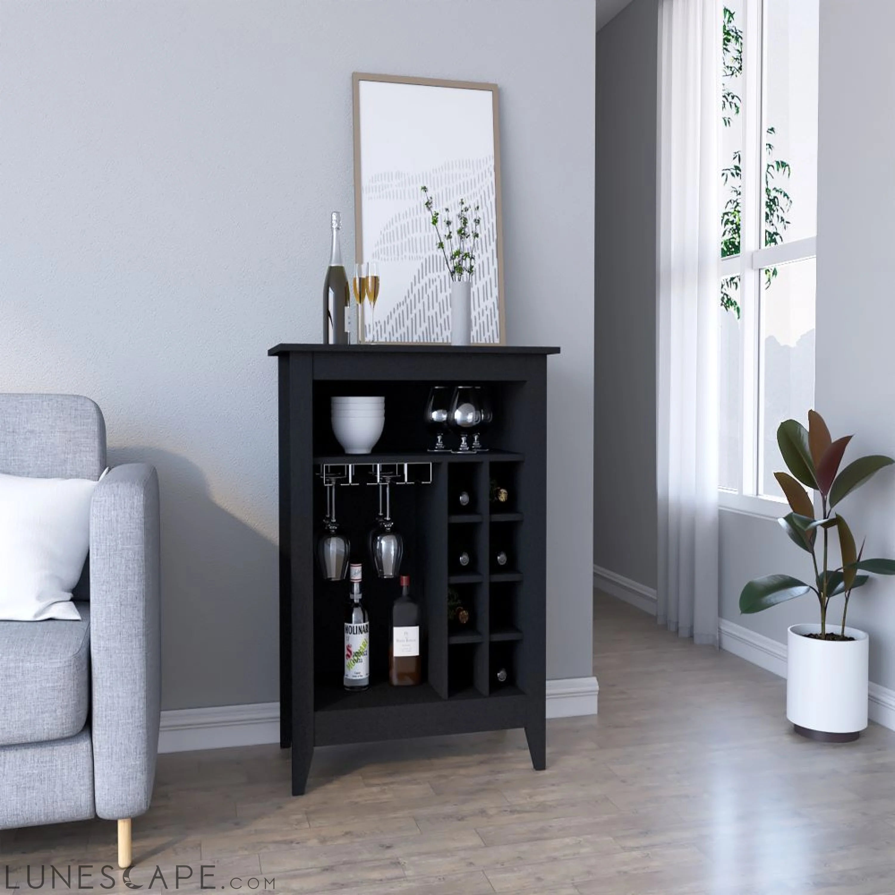 Bar Cabinet Castle, One Open Shelf, Six Wine Cubbies, Black Wengue LUNESCAPE
