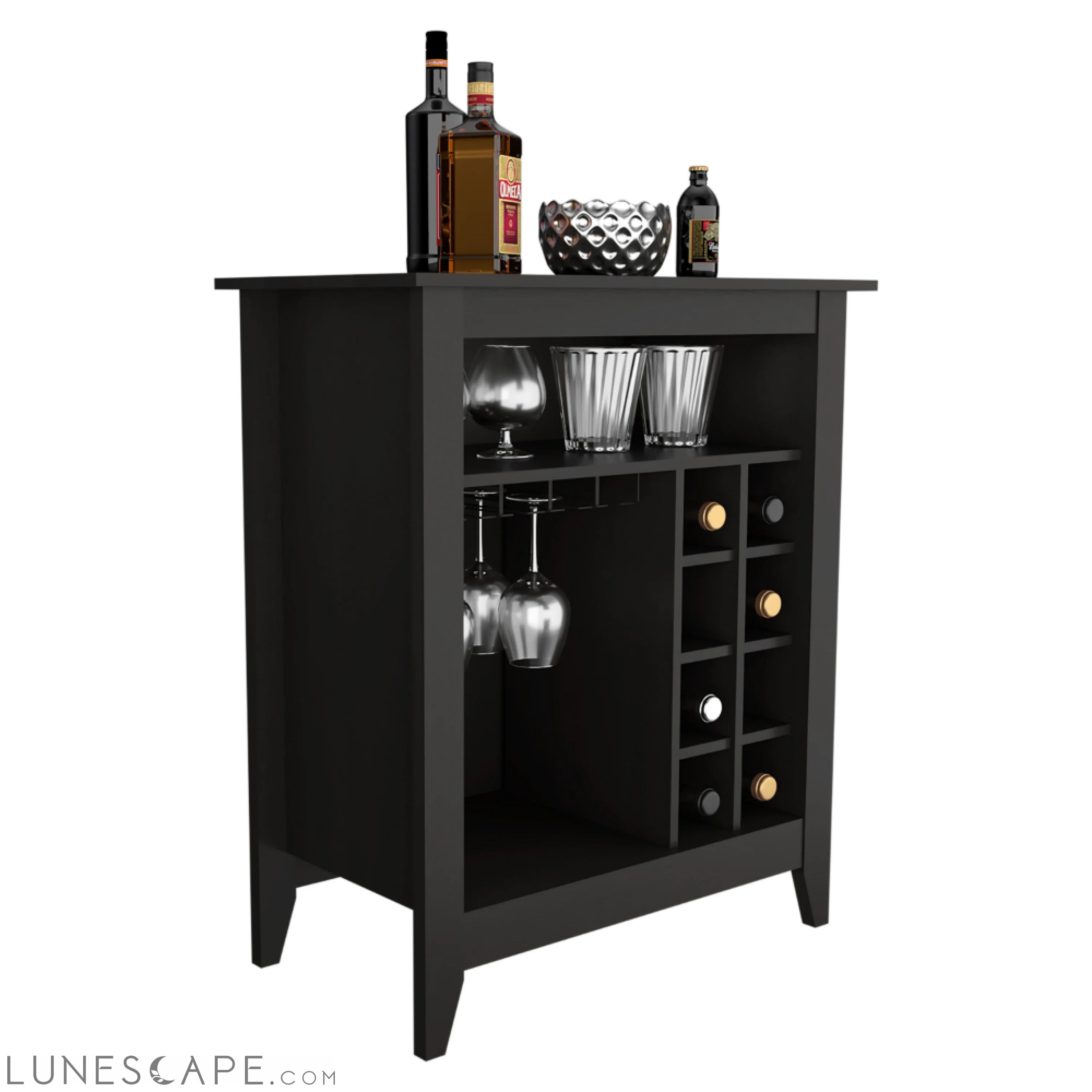 Bar Cabinet Castle, One Open Shelf, Six Wine Cubbies, Black Wengue LUNESCAPE