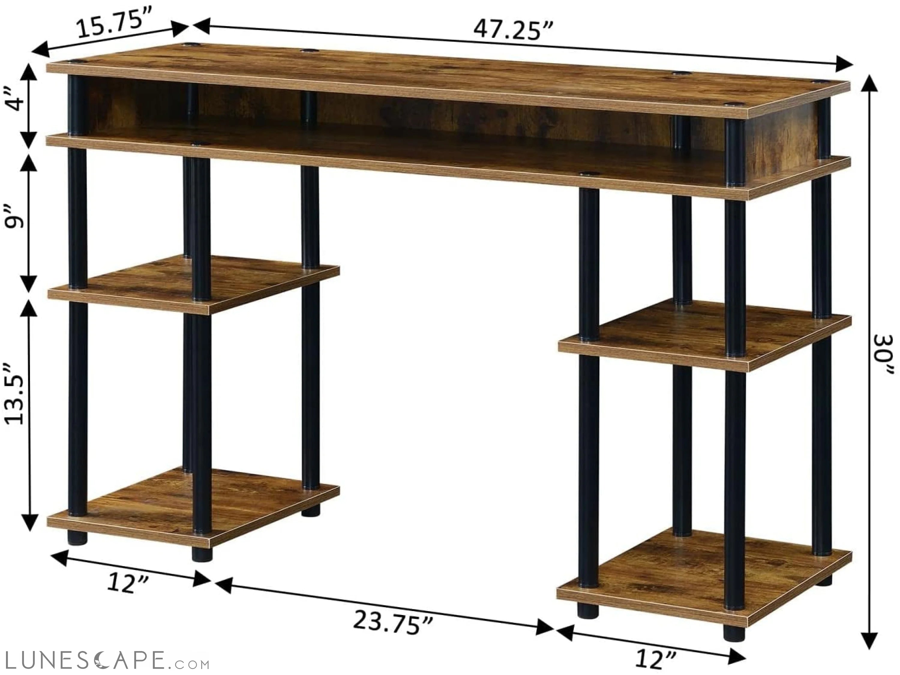 Barnwood/Black Student Desk with Shelves, No Tools LUNESCAPE