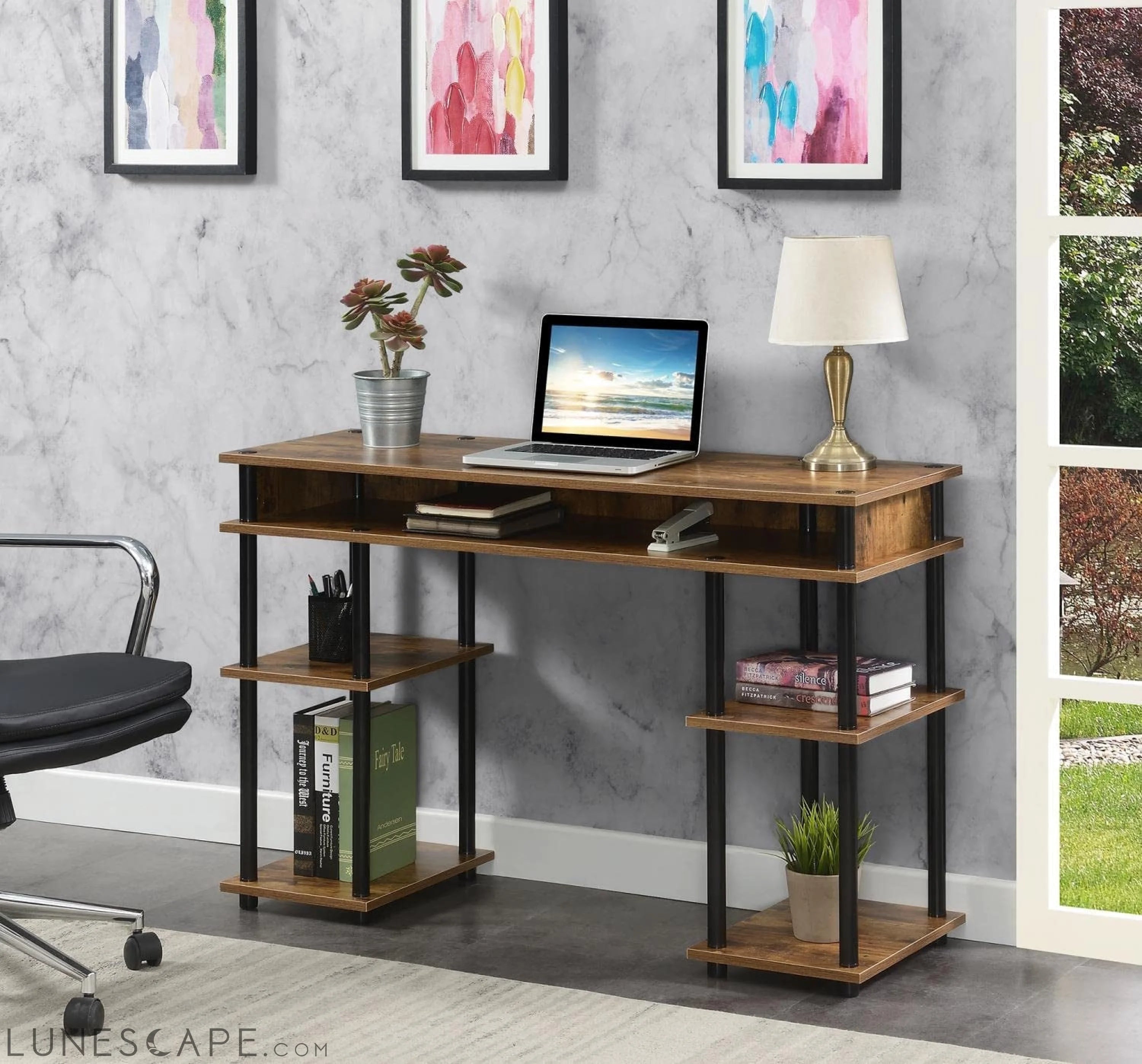 Barnwood/Black Student Desk with Shelves, No Tools LUNESCAPE