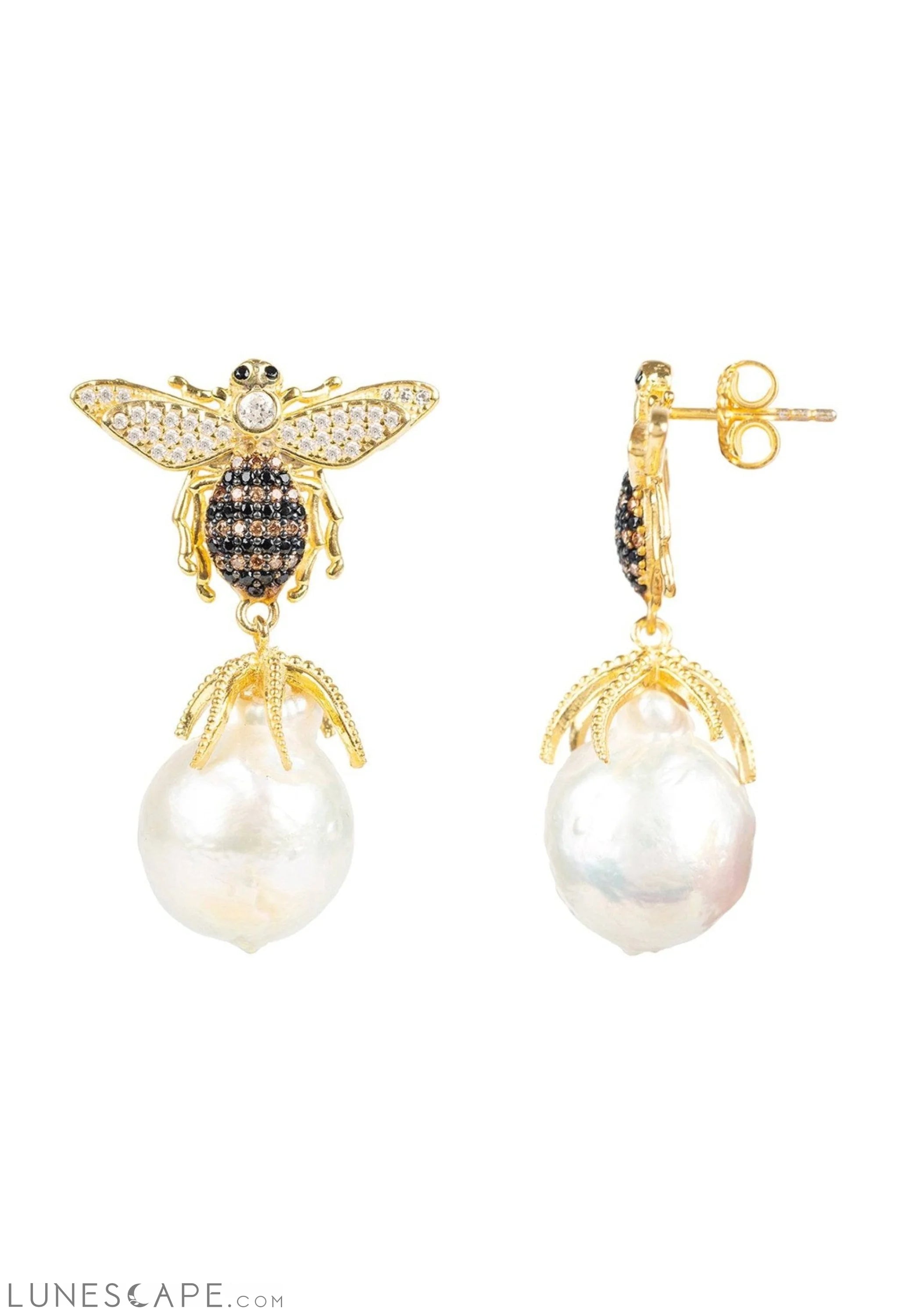Baroque Pearl Honey Bee Drop Earrings Gold LUNESCAPE